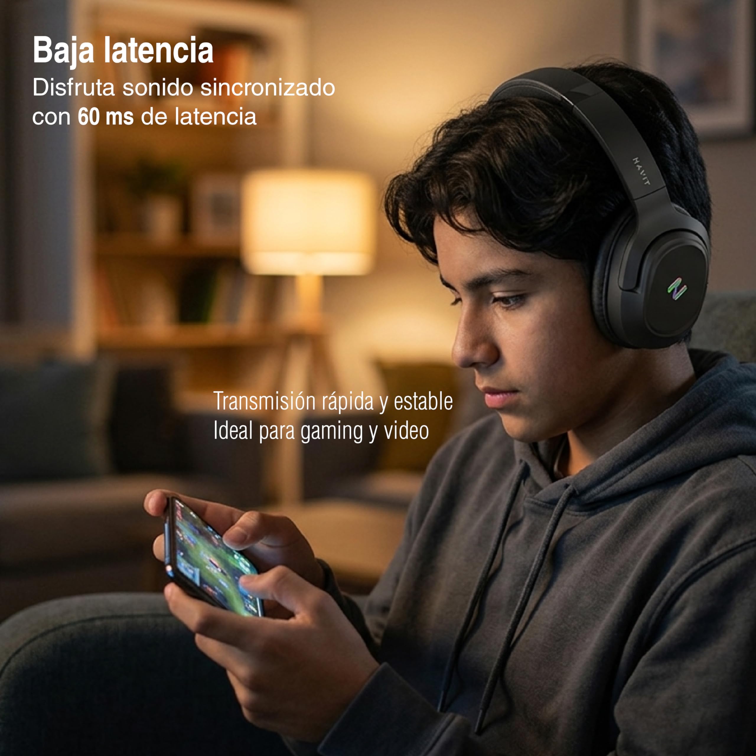 havit Audífonos Bluetooth H612BT Pro Over Ear con Cancelación de Ruido ANC, Auriculares Inalámbricos Diadema, 50 Horas Batería, Modo Baja Latencia 60ms, Micrófono, App Multidispositivo - Onyx Black
