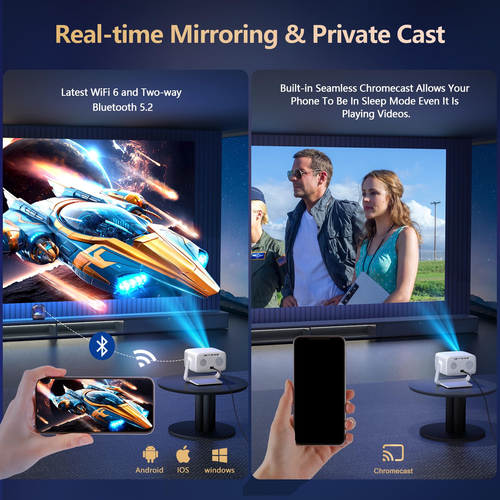 [3500-Ultra Bright/Descargas de aplicaciones oficiales/65W Dolby Audio/Soporte 4K] Proyector inteligente para exteriores con WiFi y Bluetooth, enfoque automático, 2026 actualizado desde el modelo gris