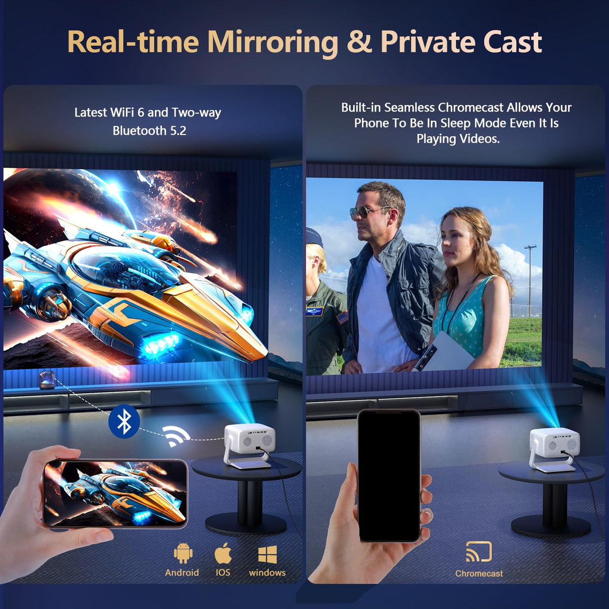 [3500-Ultra Bright/Descargas de aplicaciones oficiales/65W Dolby Audio/Soporte 4K] Proyector inteligente para exteriores con WiFi y Bluetooth, enfoque automático, 2026 actualizado desde el modelo gris