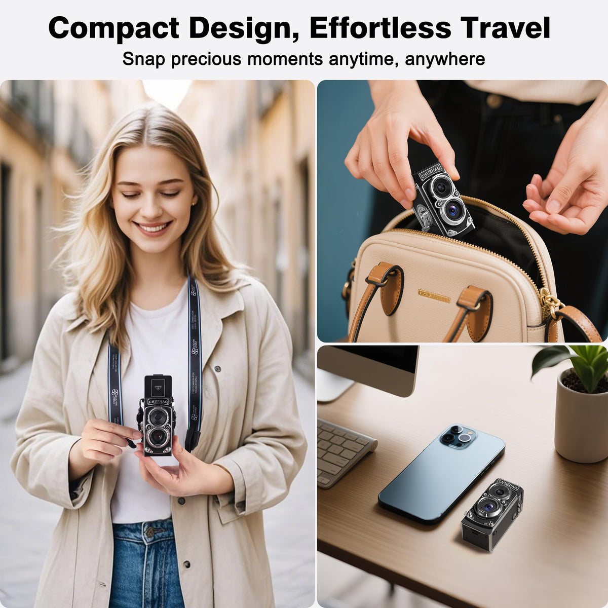 CHUZHAO - Mini cámara digital clásico, estilo TLR portátil con punta y disparo, bolsillo pequeño compacto 1080P FHD Video 12MP Autofocus Vlogging Cámara con tarjeta de 16 GB para principiantes,