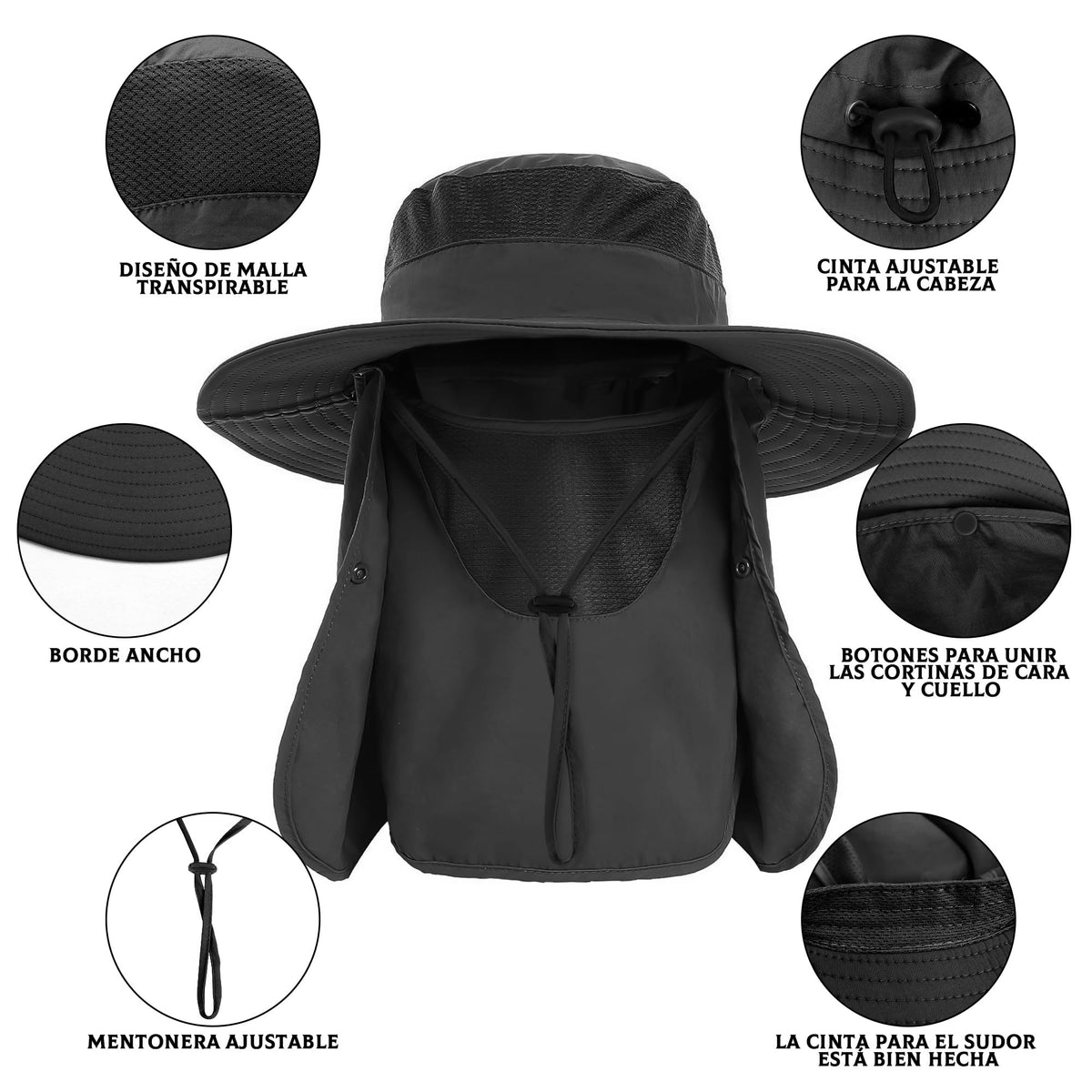 Sombrero de Pesca Protección UV, UPF50+ Sombrero para el Sol para Hombre y Mujer, Gorro Pescador con Cortinas para Cara y Cuello, Plegable y Impermeable, para Senderismo Camping Playa Jardín,Unisex