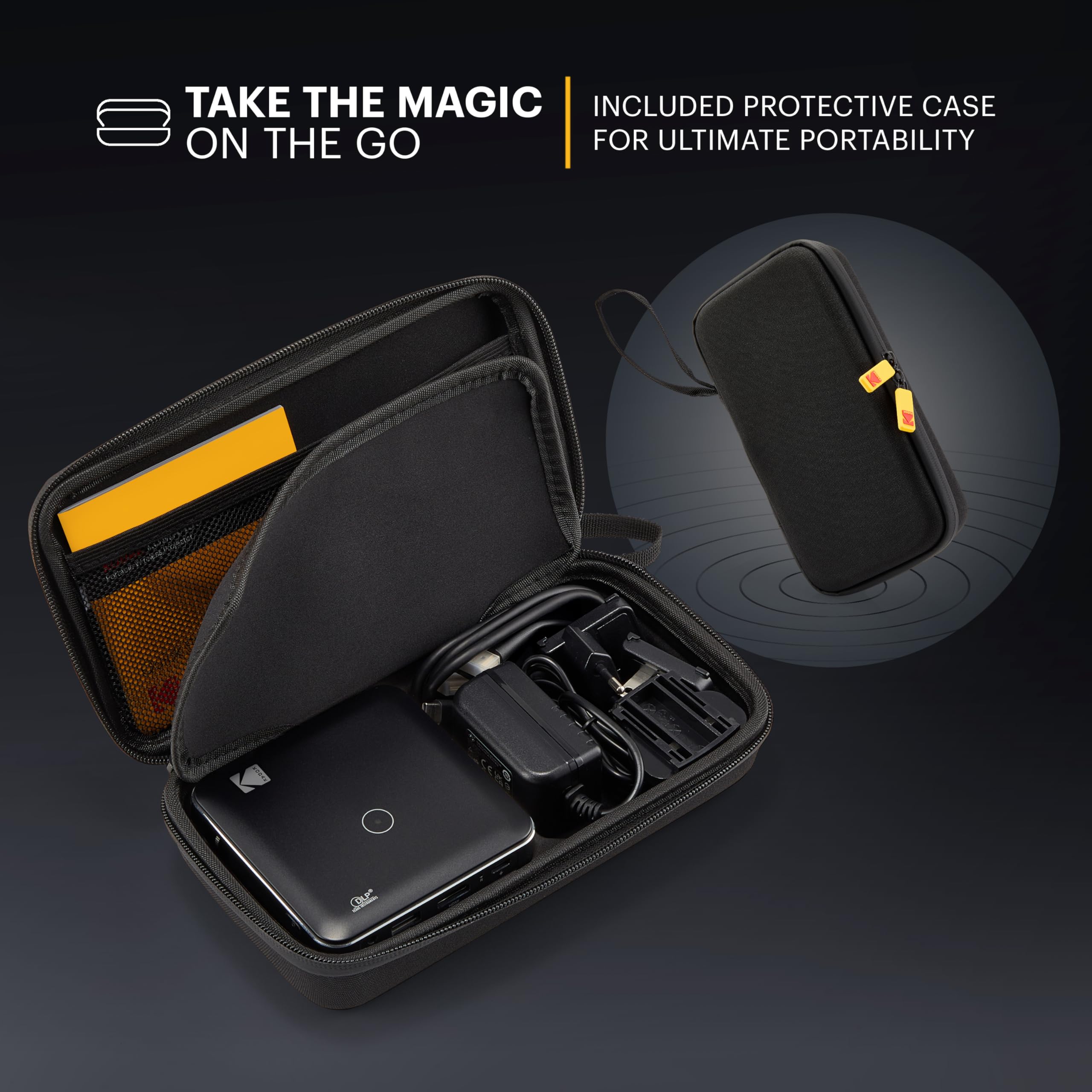 KODAK Luma 150 - Mini Proyector Pico Inalámbrico Negro – DLP, Soporta 1080p, Altavoz Integrado y Batería Recargable, HDMI/USB/microSD, Estuche de Viaje Incluido