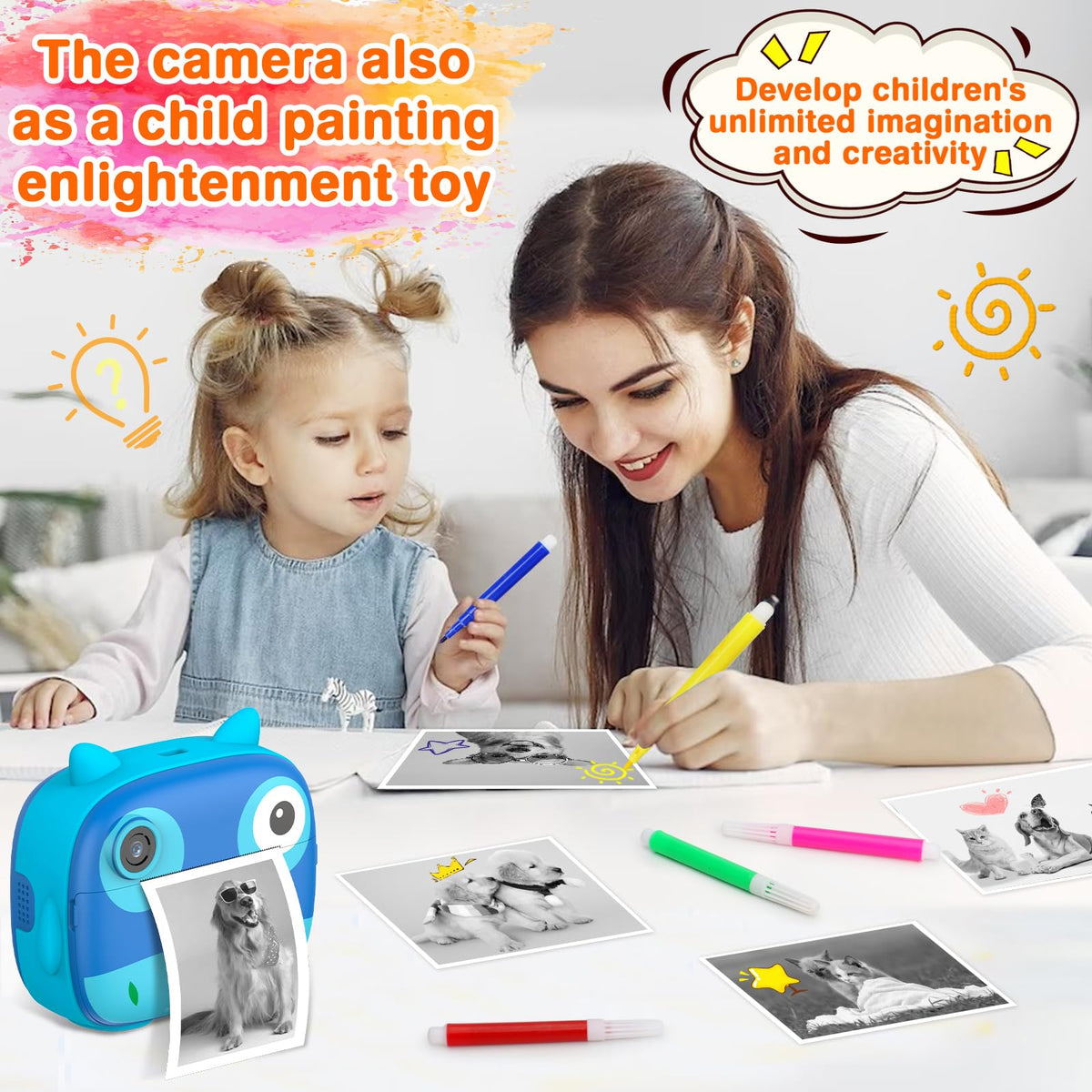 Daconovo Linda cámara instantánea para niños de 2.5K Cámara digital para niños de 12MP Cámara de impresión instantánea para niños con pantalla IPS de 2.4 pulgadas Zoom digital de 10X filtros Grabadora