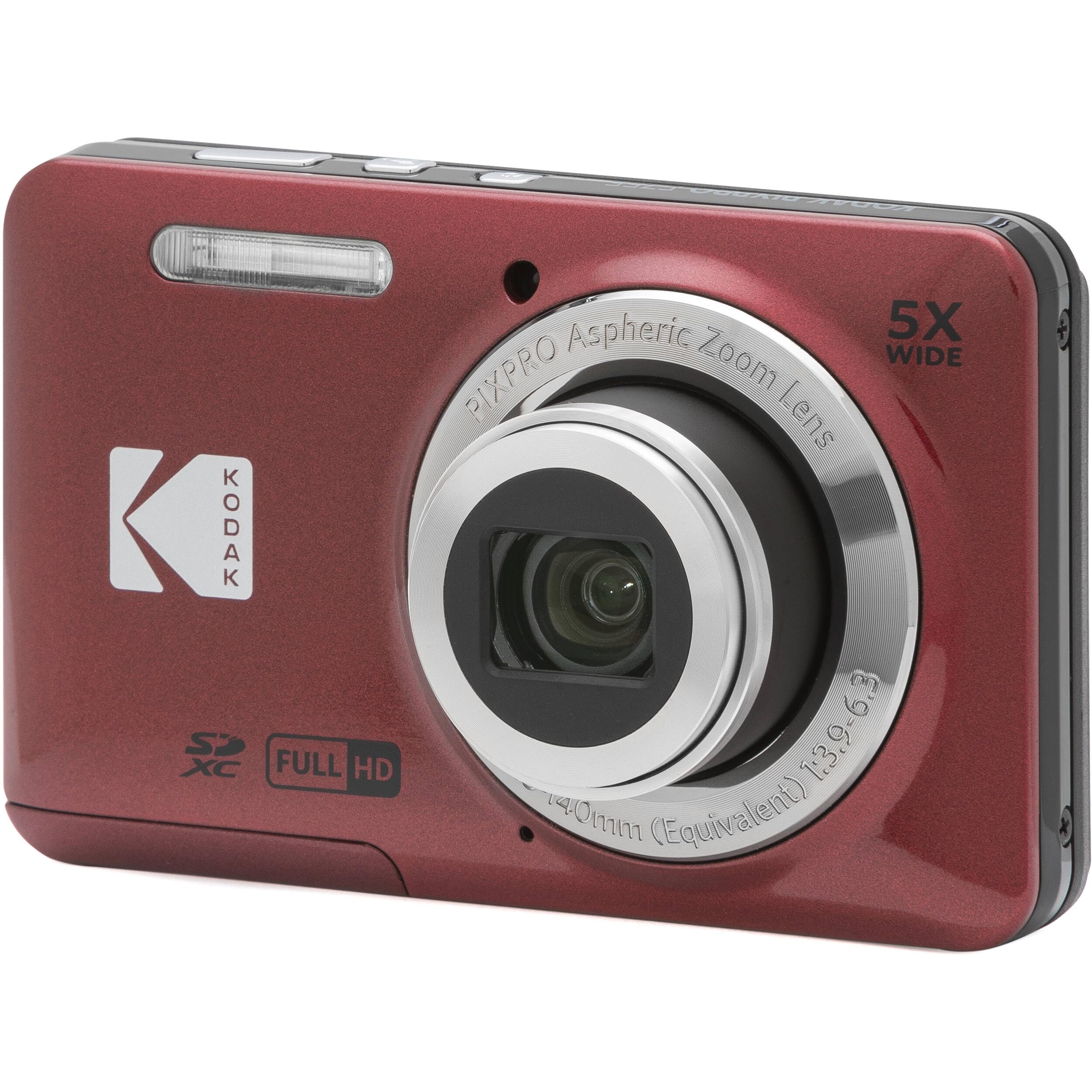 Kodak PIXPRO FZ55 - Cámara digital roja de 16 MP, zoom óptico de 5X, 28 mm, gran angular, 1080P, cámara LCD Full HD de 2,7 pulgadas, tarjeta y lector de 64 GB + funda + portafolios de memoria +