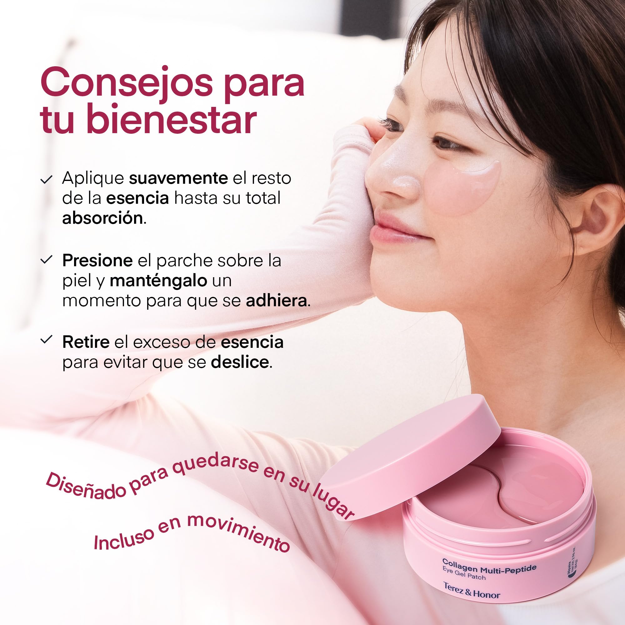 Terez & Honor Parche Coreano de Hidrogel con Péptidos y Colágeno - 60 Mascarillas Reafirmantes, Iluminadoras e Hidratantes para Ojos - Ojeras, Bolsas, Arrugas y Líneas Finas - Under Eye Patches
