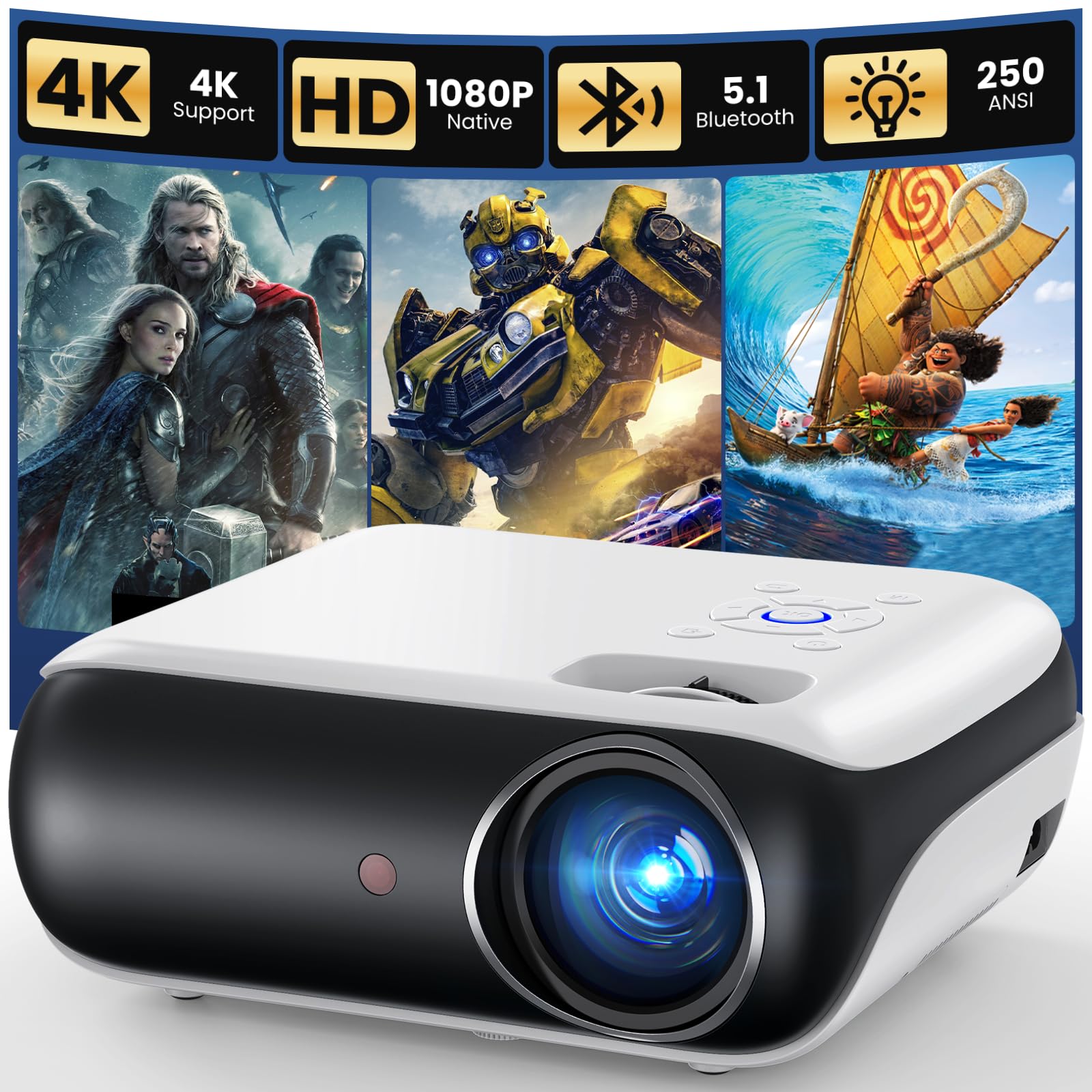 HAPPRUN Proyector, proyector Bluetooth Nativo 1080P, proyector de películas portátil para Exteriores de, Compatible con Smartphone, HDMI, USB, AV, Fire Stick, PS5