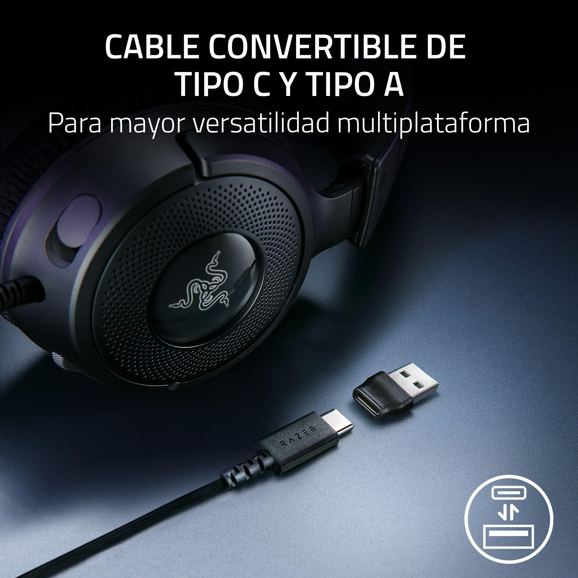 Razer Kraken V4 X Auriculares con Cable para Juegos: Altavoces de 40 mm - Micrófono Cardioide - Almohadillas de Espuma con Memoria - Iluminación RGB Chroma - Cable Tipo C y Tipo A - para PC, Mac, PS5