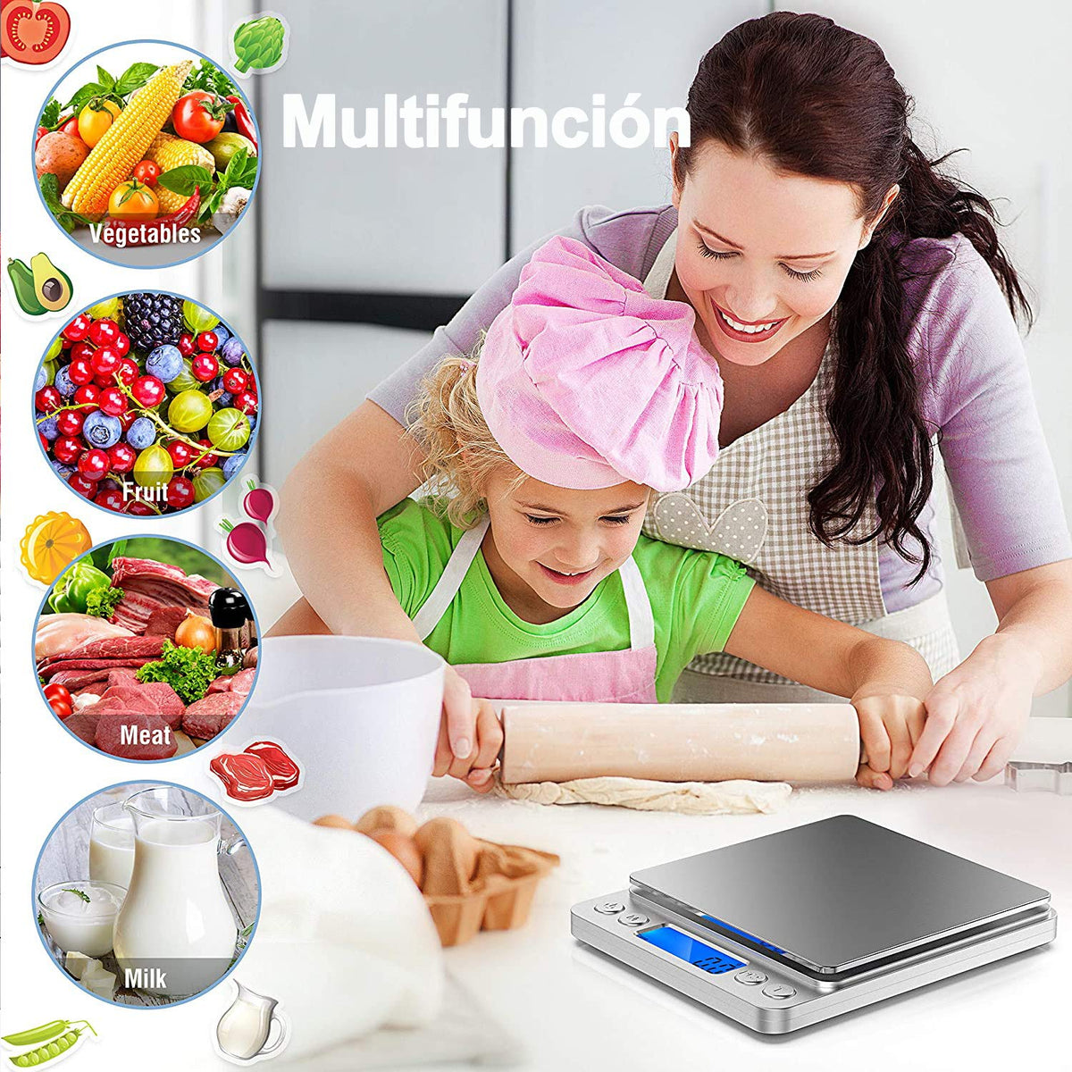 MESVIER Bascula de Cocina Digital, Bascula de Alimentos Báscula Digital Multifuncional, 0.1g-3Kg, Acero Inoxidable - Baterías Incluidas