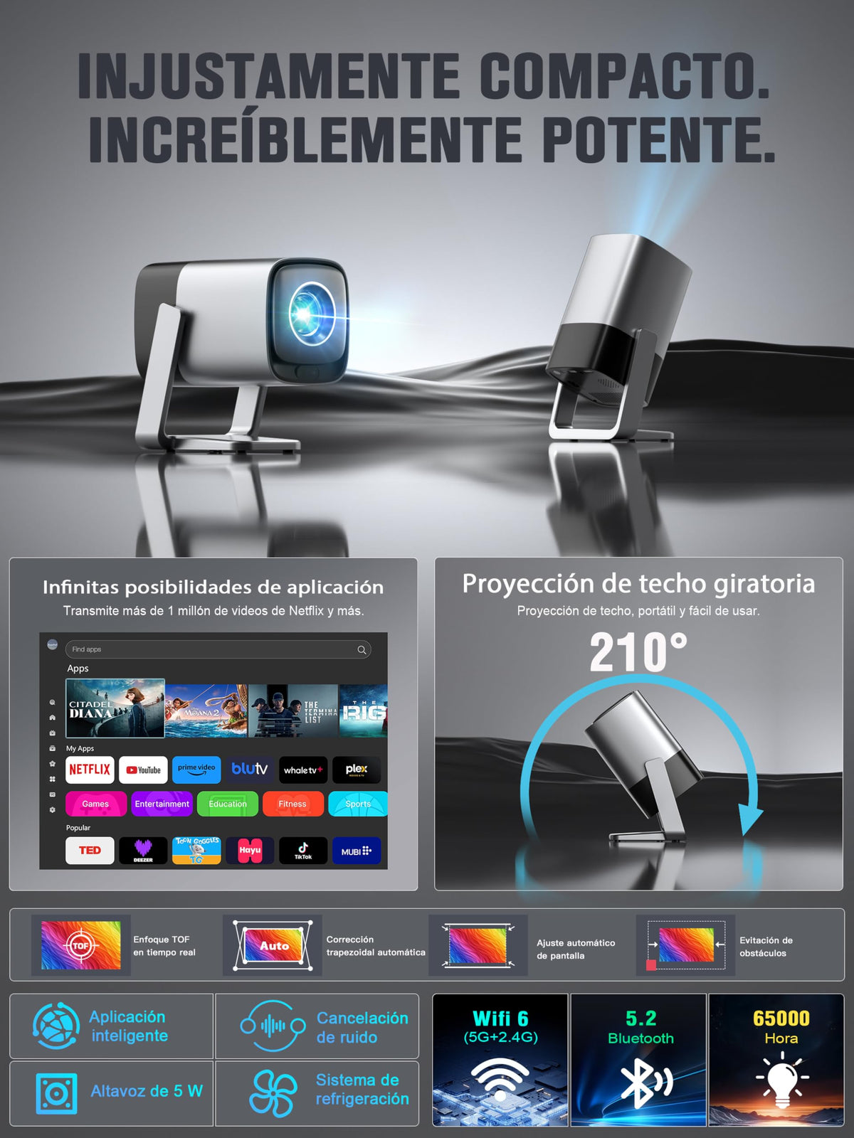XuanPad 【Compatible with Netflix】 Plateado Mini Proyector Portatil 4K con Auto Enfoque/Keystone, Smart Proyector 600ANSI 1080P Full HD WiFi6 Bluetooth Projector para Movil/Exterior/Cine en Casa