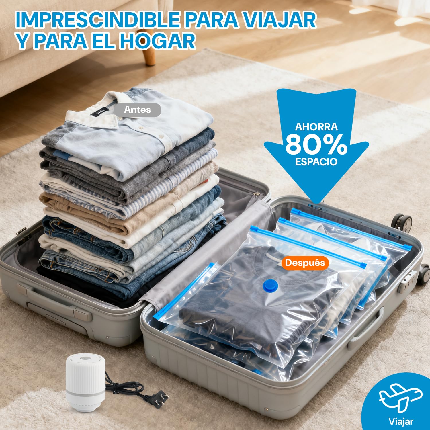 6 Piezas Bolsas de Almacenamiento al Vacío con Bomba Eléctrica, Almacenamiento Reutilizable, Bolsas de Compresión para Ahorrar Espacio 80%, Almacenar Edredones ropa Almohadas Mantas (80 * 120 6 pcs)