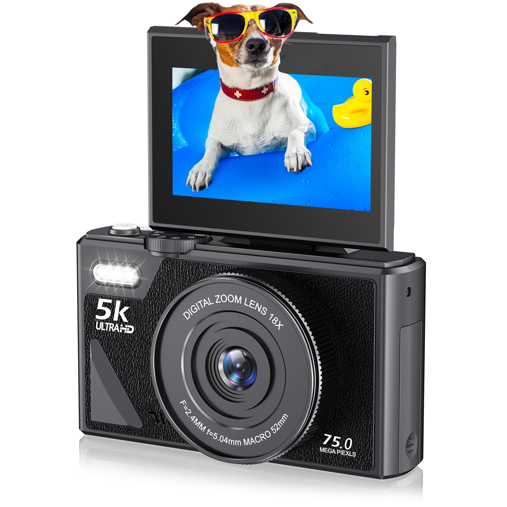 Zunate Cámara Digital Retro de 75MP, Cámara de Vlogging Vintage 5K UHD con Zoom de 18X, Enfoque Automático, Pantalla Abatible de 3 Pulgadas para Vlogging