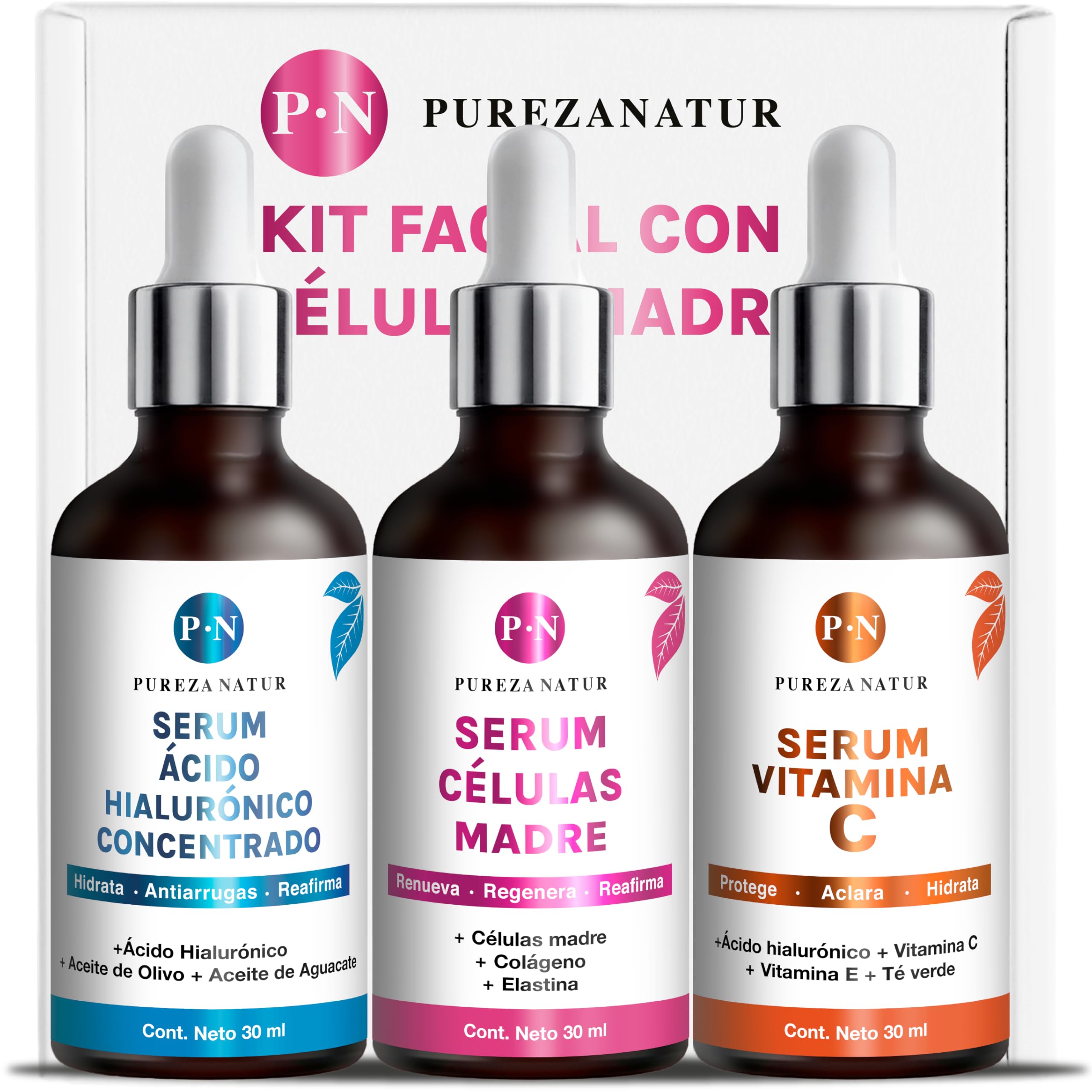 Kit Serum facial Acido Hialurónico, Vitamina C y Células Madre anti edad | Paquete completo de serum para el cuidado de la piel, hidratación y rejuvenecimiento (Kit AH + Celulas madre + Vit C)