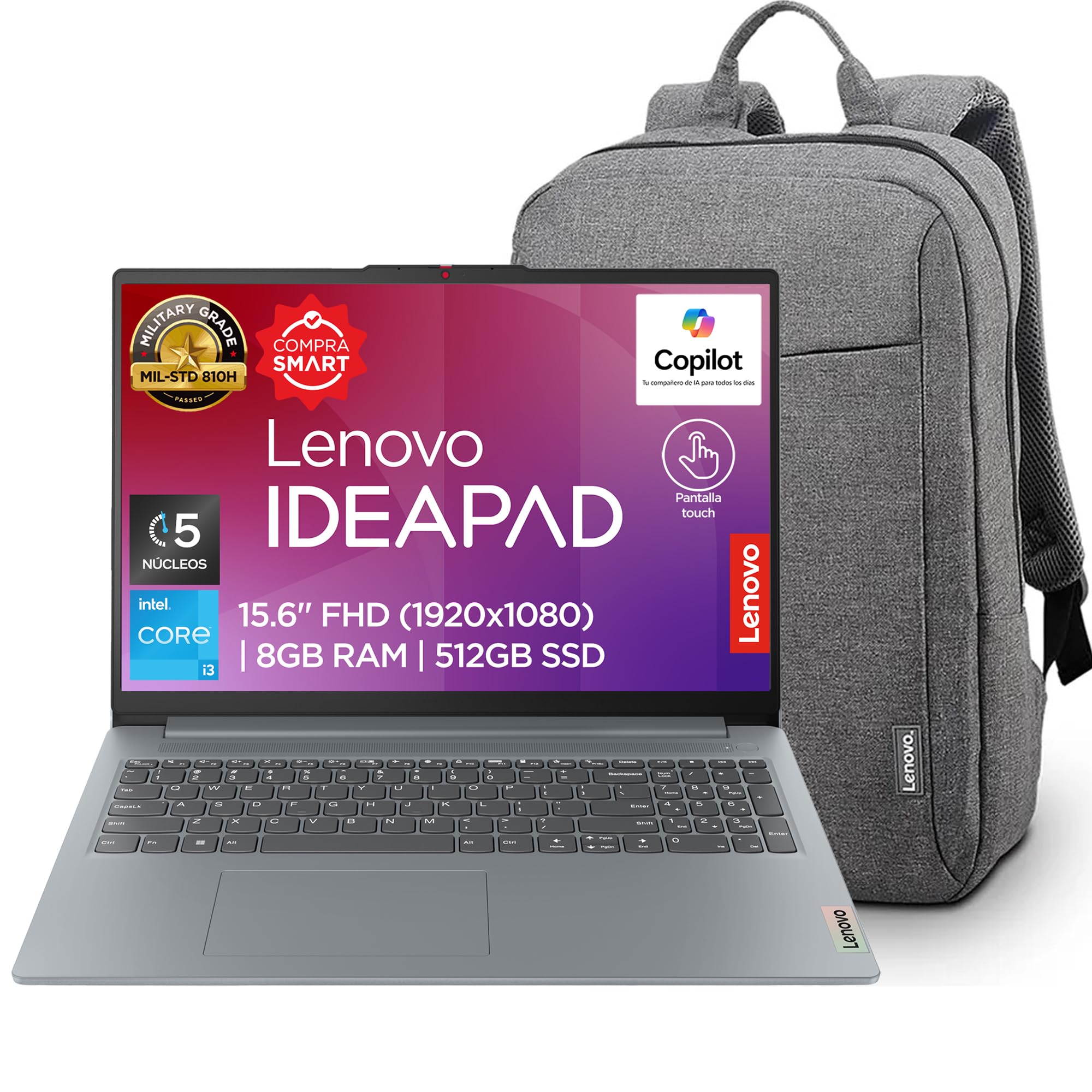 Lenovo Laptop + Mochila | IdeaPad Slim 3 | 15.6" FHD Touchscreen Intel Core i3 (13va Gen) 8GB RAM 512GB SSD | Dolby Audio Cámara 1080 FHD Windows 11, Teclado QWERTY