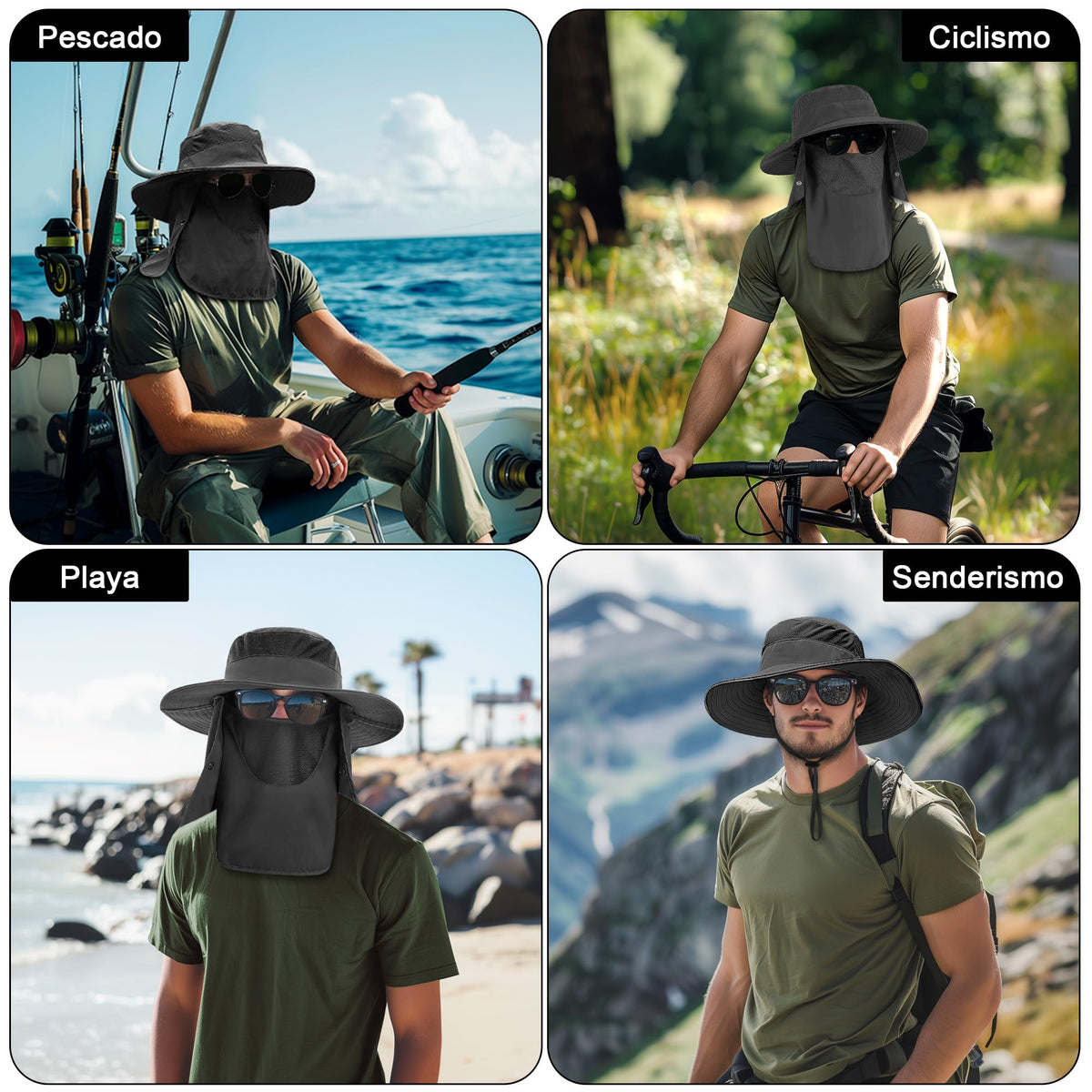 Sombrero de Pesca Protección UV, UPF50+ Sombrero para el Sol para Hombre y Mujer, Gorro Pescador con Cortinas para Cara y Cuello, Plegable y Impermeable, para Senderismo Camping Playa Jardín,Unisex