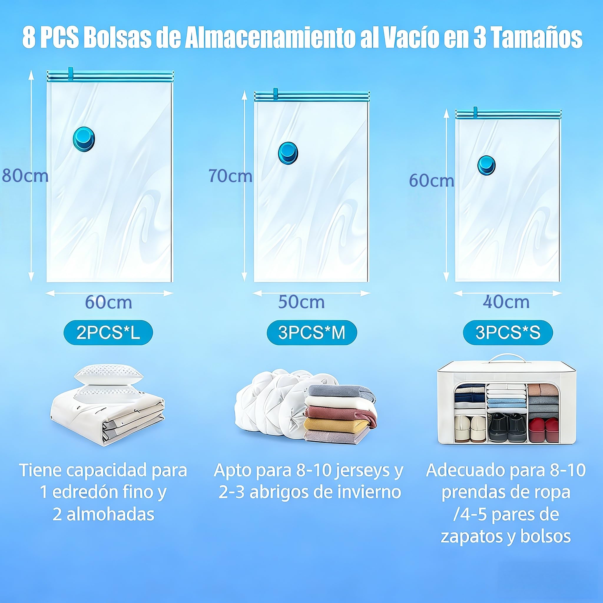 8 PCS Bolsas al Vacio Ropa,con Bomba Eléctrica,Gran Capacidad,Reutilizables,Viajepara Guardar Ropa,Bolsas de Compresión para Viaje,Almohadas,Edredones(PE+PA）