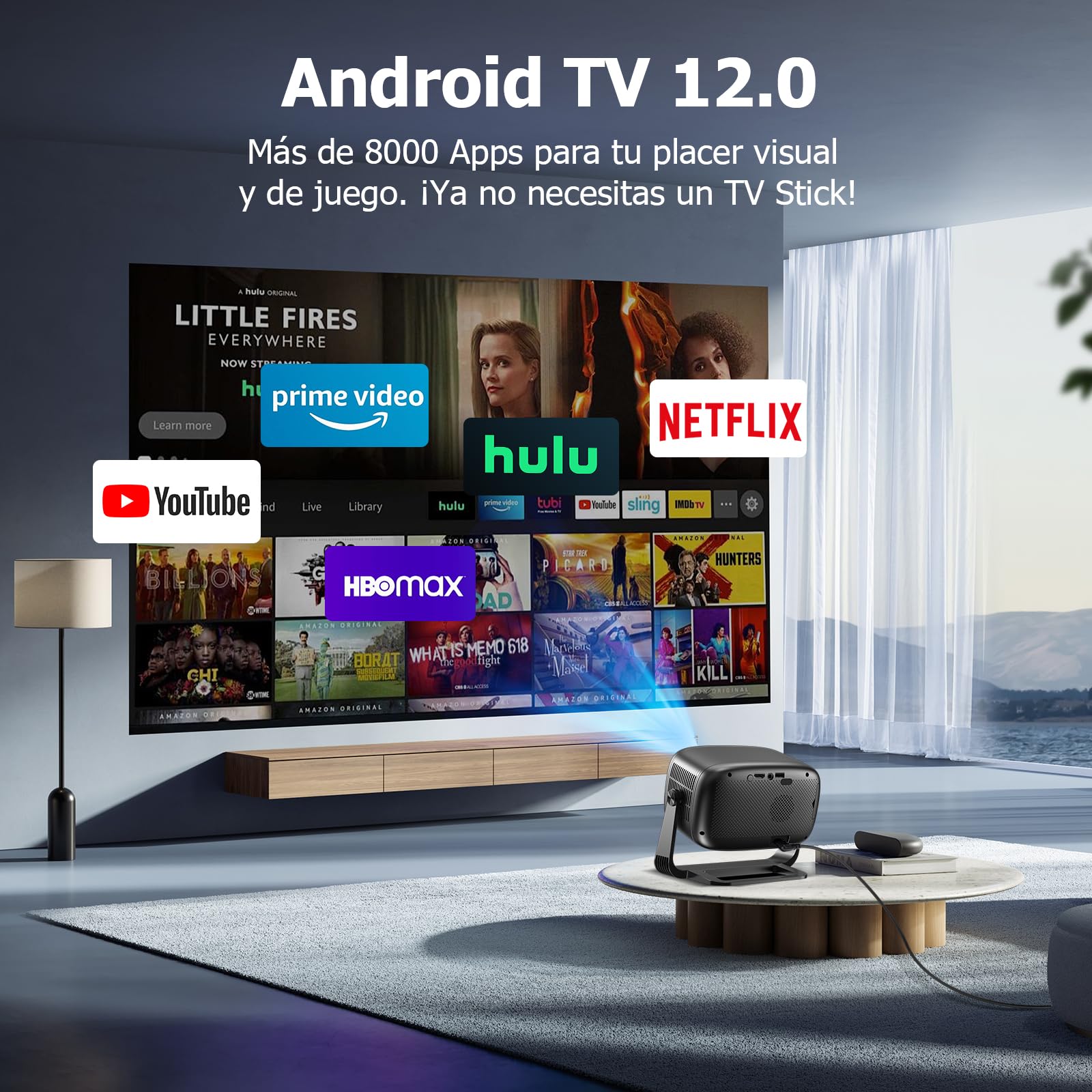 Proyector 4k, Mini Proyector Portatil con Android, 20000L 1080P Proyectores Inteligente con Enfoque Automático, WiFi 6 y BT 5.4, Pantalla de 200", Giro de 270°, Compatible con HDMI/iOS/Laptop/PC/PS