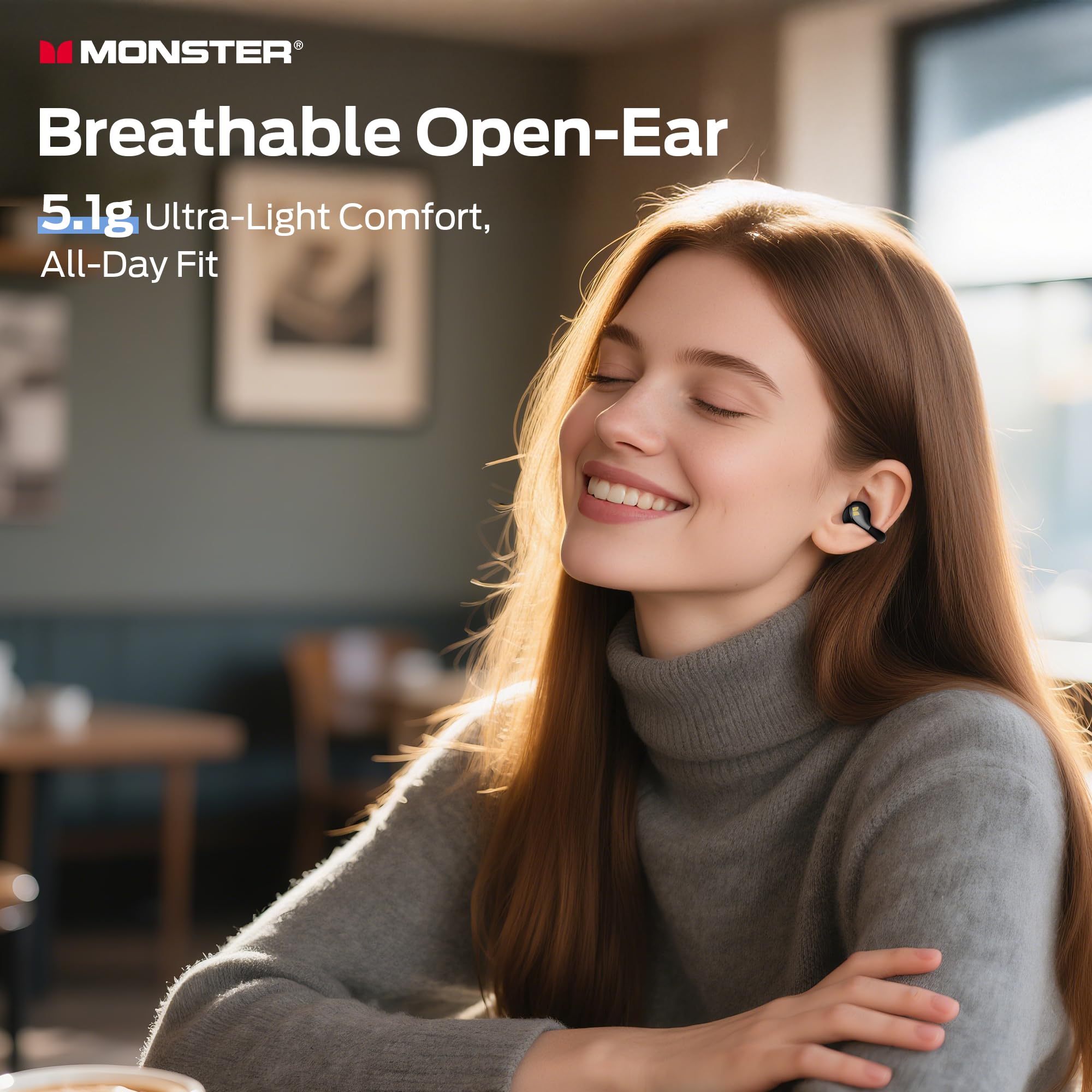 Monster Open Ear AC225 Auriculares, Auriculares Inalámbricos Bluetooth 6.0, Sonido Estéreo, Auriculares Clip-on Ligeros con Micrófono ENC para Llamadas Claras, Tiempo de Reproducción de 36h, Negro