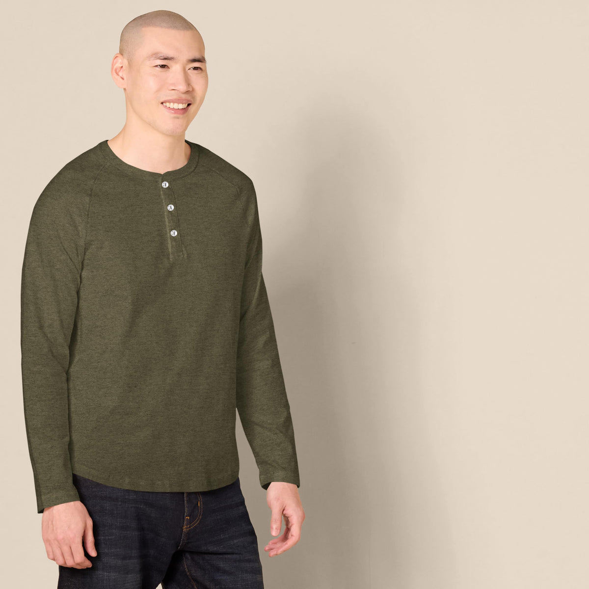 Amazon Essentials - Camisa Henley de manga larga ajustada para hombre, color verde oliva jaspeado, talla L