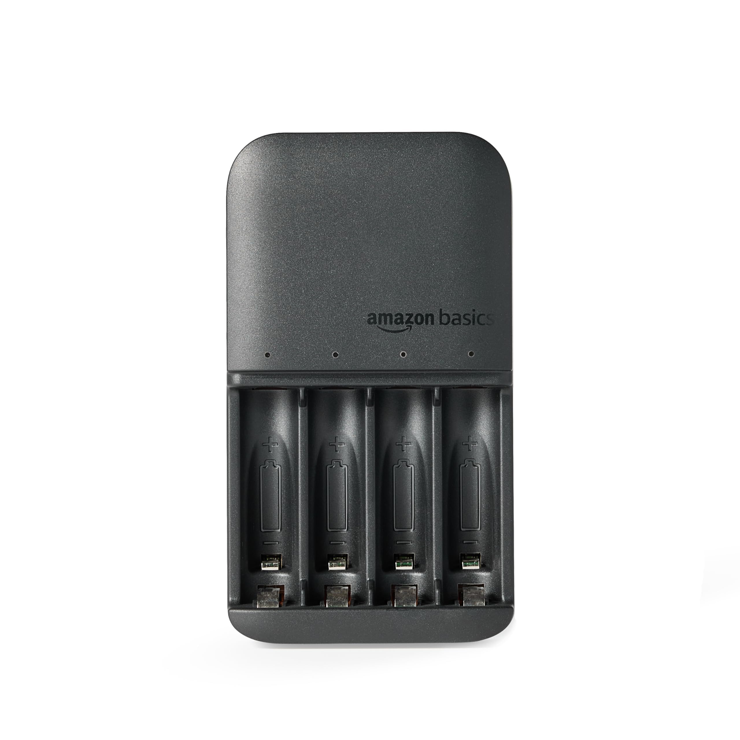 Amazon Basics Cargador de pilas de 4 ranuras para pilas recargables AA y AAA con pilas recargables AA de NiMh, 4 unidades (paquete de 1), enchufe tipo A (estadounidense), negro
