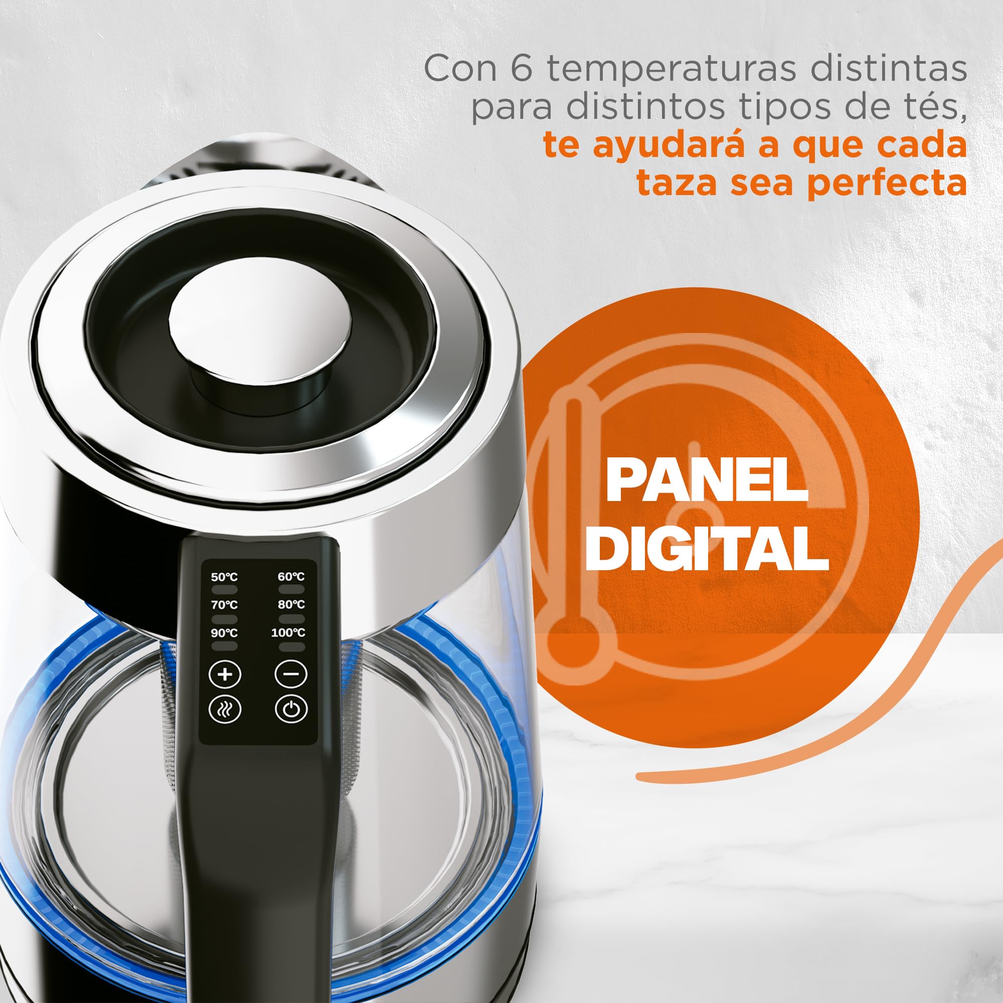 Hukën x MasterChef | Tetera Eléctrica Heat-Select | Temperatura Ajustable | Infusor Removible | Hervidor de Agua | Acero | Heat-Select | Panel Digital | Base Giratoria | 1.7 litros