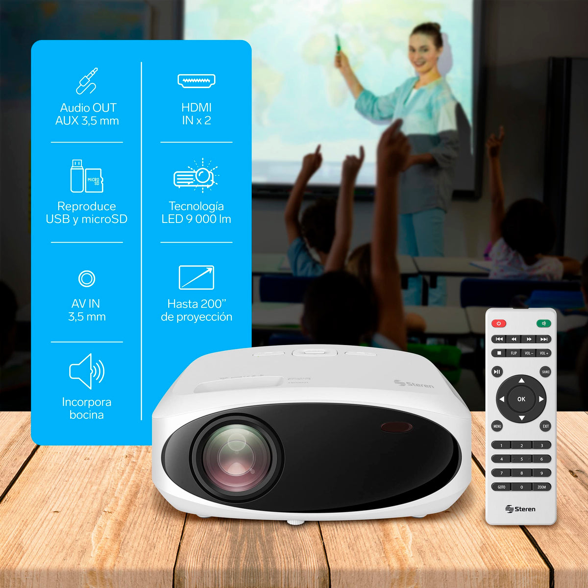 STEREN PRO-400 Proyector Multimedia Full HD de 9 000 lúmenes 280 ANSI Lumen portátil, proyección hasta 200”, con Control Remoto, 2 entradas HDMI, 1 Entrada AV 3,5 mm, 1 Entrada USB,1 Entrada microSD