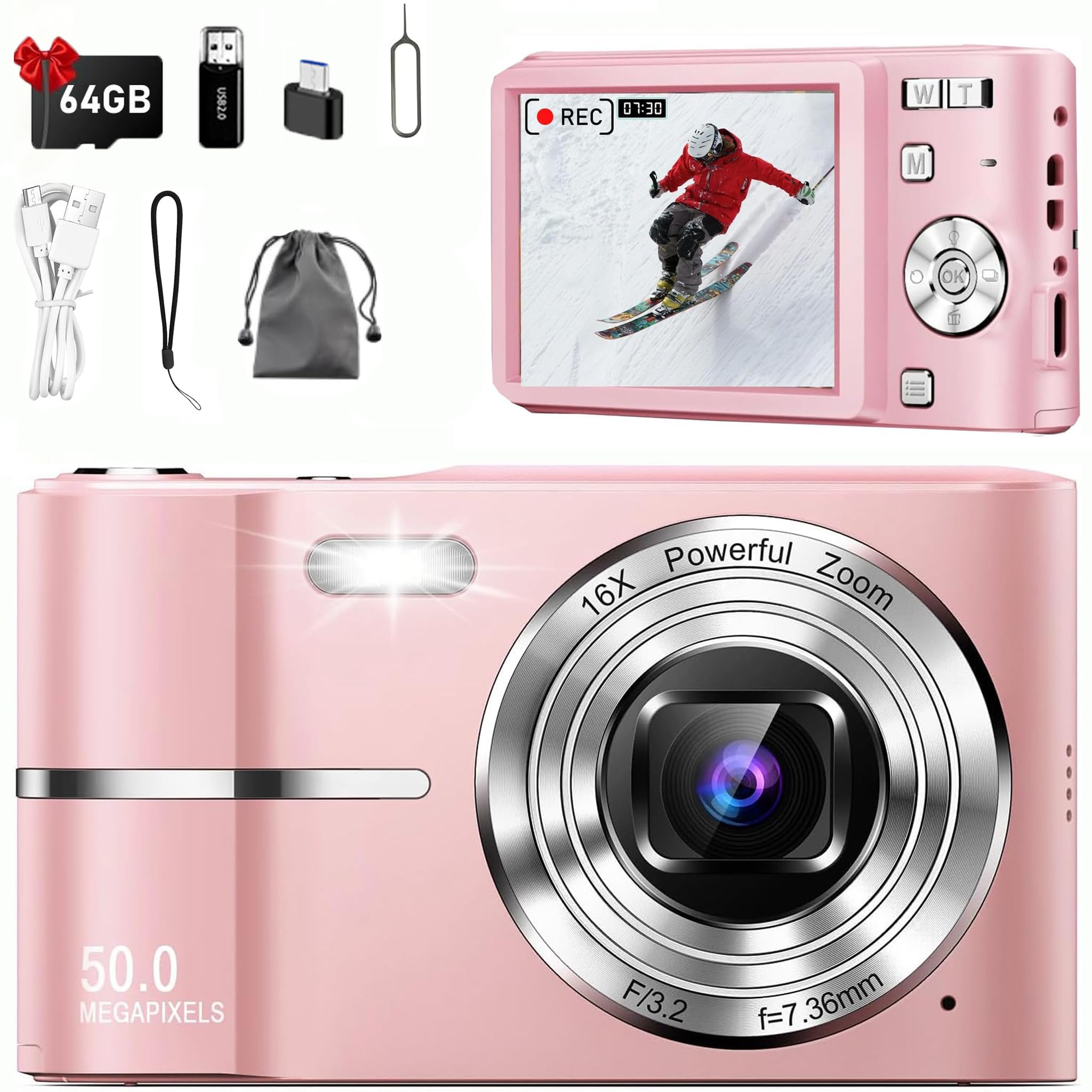 Cámara Digital,Cámara Digital para Niños FHD 1080P 50MP Vlogging con Tarjeta 64GB,Pantalla IPS de 2.4'',Zoom 16X,Anti-Shake y Disparo Continuo Camara Fotografica Digicam Regalo para Niñas (Rosa)