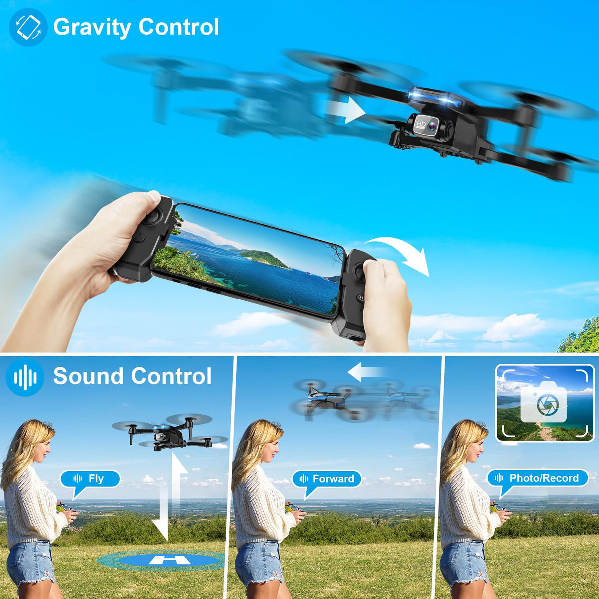 RELIDOL Dron con cámara 1080P - Cuadricóptero de Control Remoto Plegable con Control de Gestos de Voz, Giro 3D, Arranque con una tecla, Parada de Emergencia, 2 baterías, más fácil de Usar, Juguete p