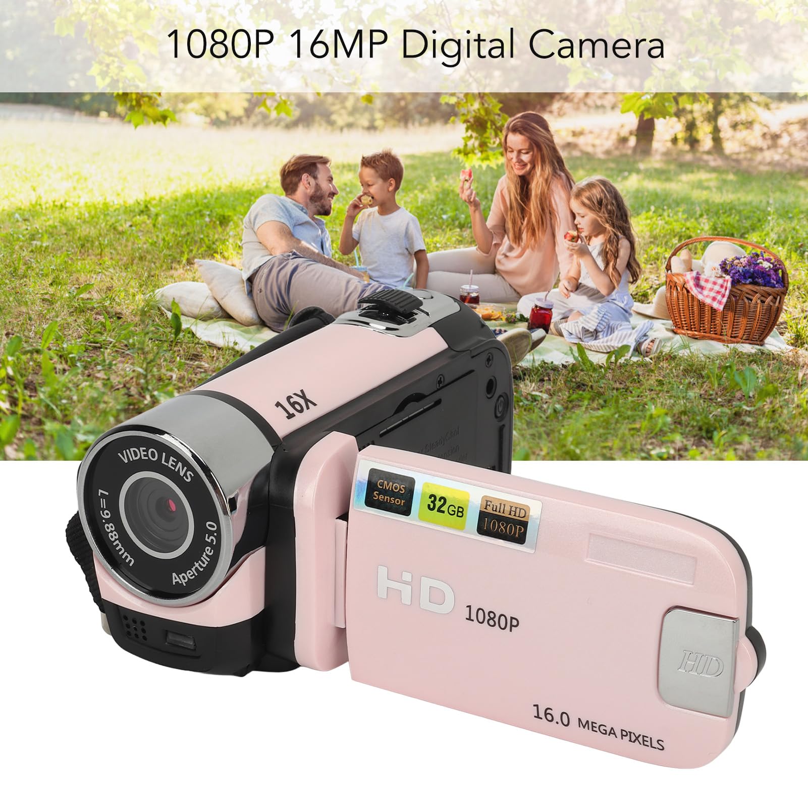 Yunir Cámara Digital, Cámara USB FHD 1080P 16MP con Pantalla Giratoria de 2,4 Pulgadas, Zoom 16X, Luz de Relleno, Antivibración, Grabadora de Vídeo Portátil para Niños y Niñas (Pink)