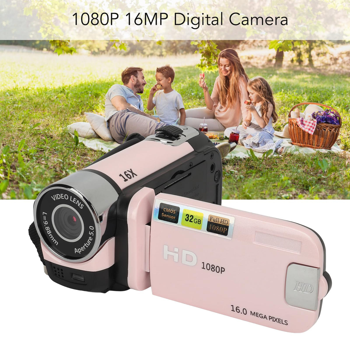 Yunir Cámara Digital, Cámara USB FHD 1080P 16MP con Pantalla Giratoria de 2,4 Pulgadas, Zoom 16X, Luz de Relleno, Antivibración, Grabadora de Vídeo Portátil para Niños y Niñas (Pink)