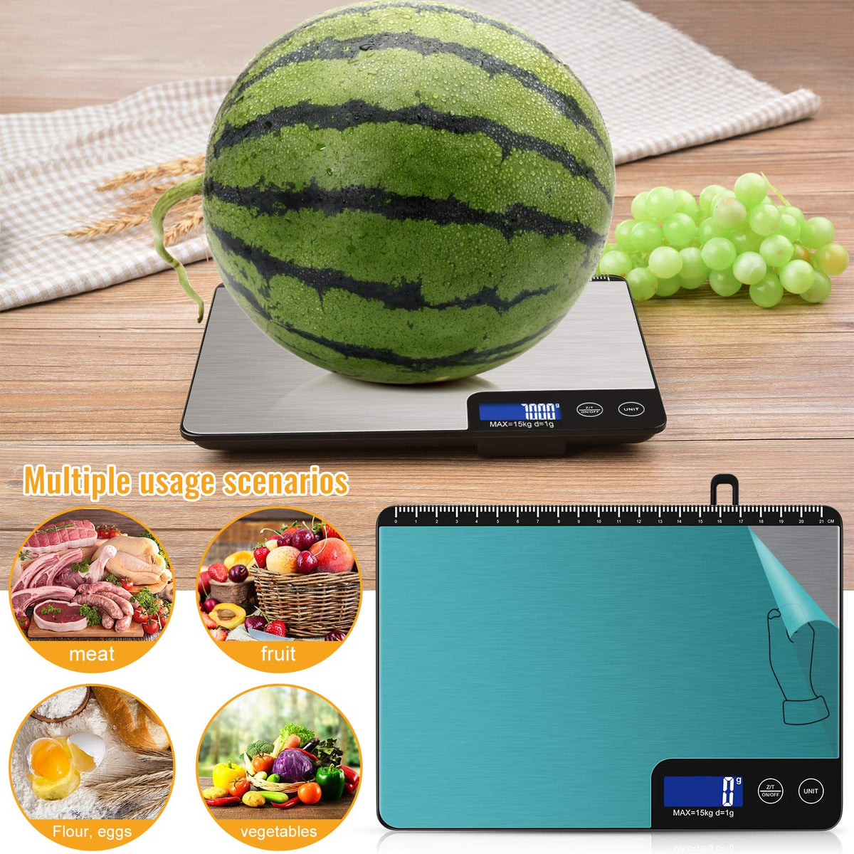 Diyife 15 KG Balanza de Cocina con Panel Grande, Profesional Báscula Digita, Bascula de Comida Alimentos, Tacto Sensible y Pantalla LCD, Función de Tara, con 2 Baterías