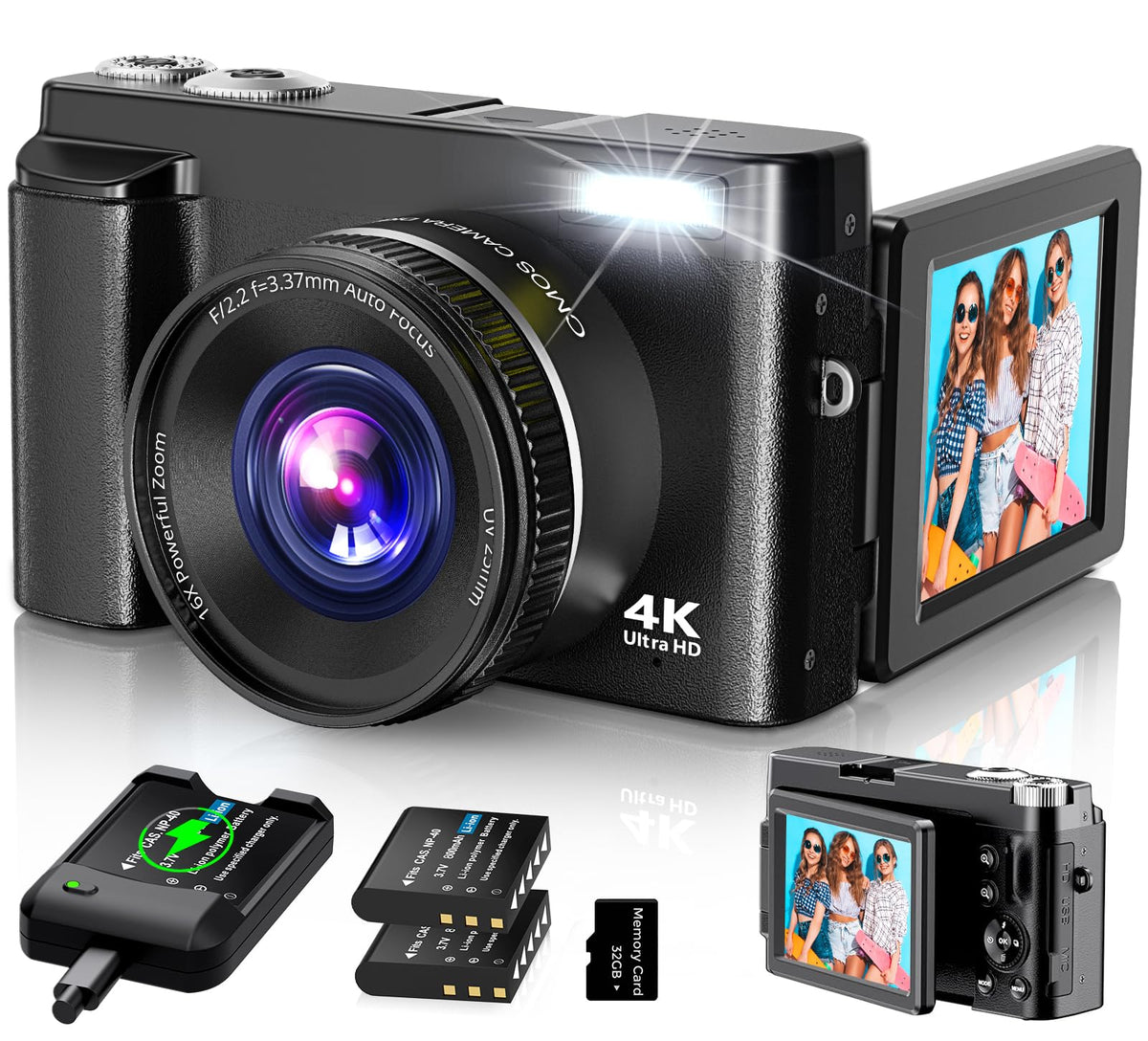 Cámara digital 4K para enfoque automático de fotografía, 2024 última cámara de vlogging de 48 MP para YouTube con tarjeta SD, 2 baterías, 3 pulgadas y 180 ° cámara de viaje compacta para adolescentes