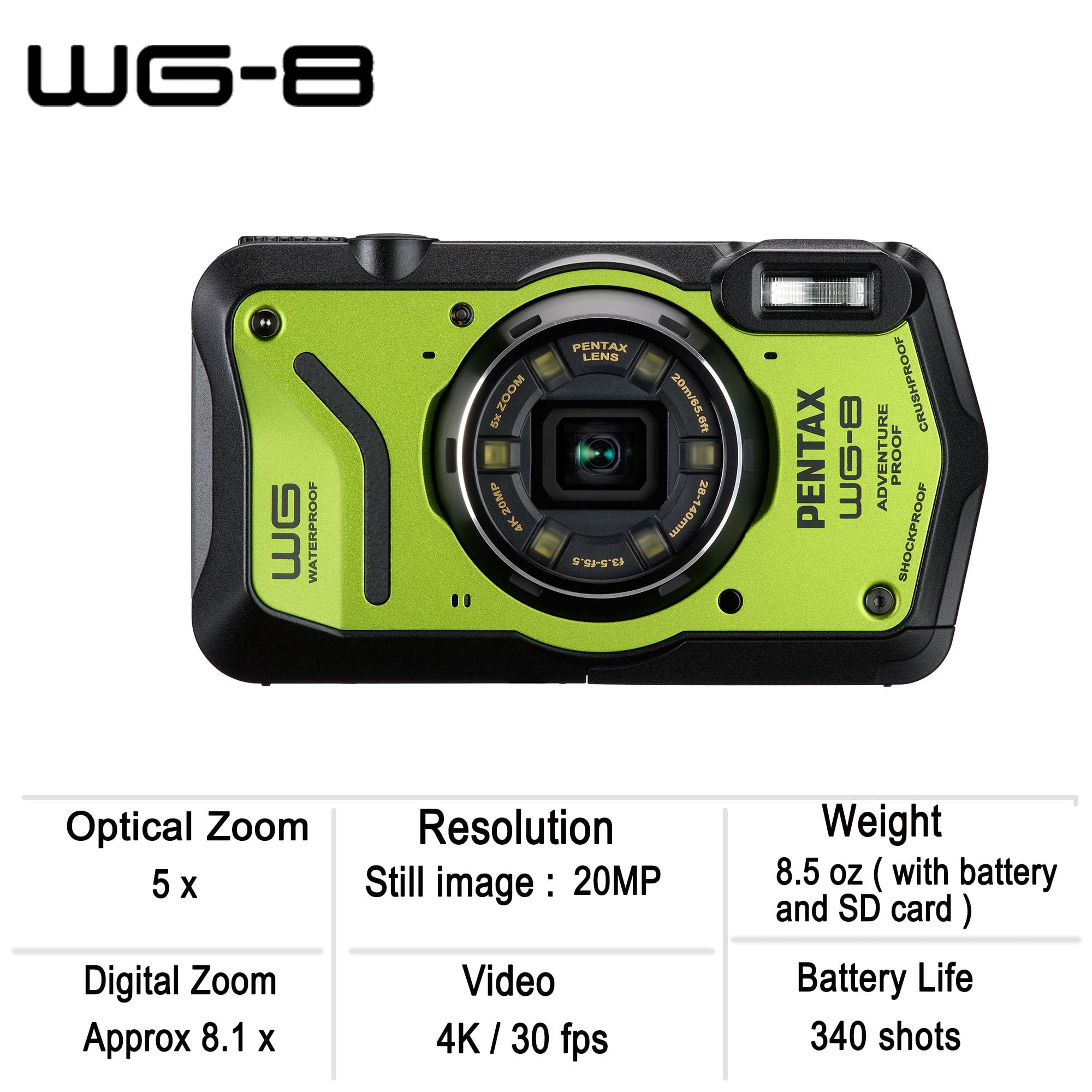 PENTAX WG-8 Verde - Cámara Digital Aventura, Impermeable, Resistente a Polvo y Golpes, con GPS y Brújula, Zoom Óptico 5x, Resolución 4K y 20 MP
