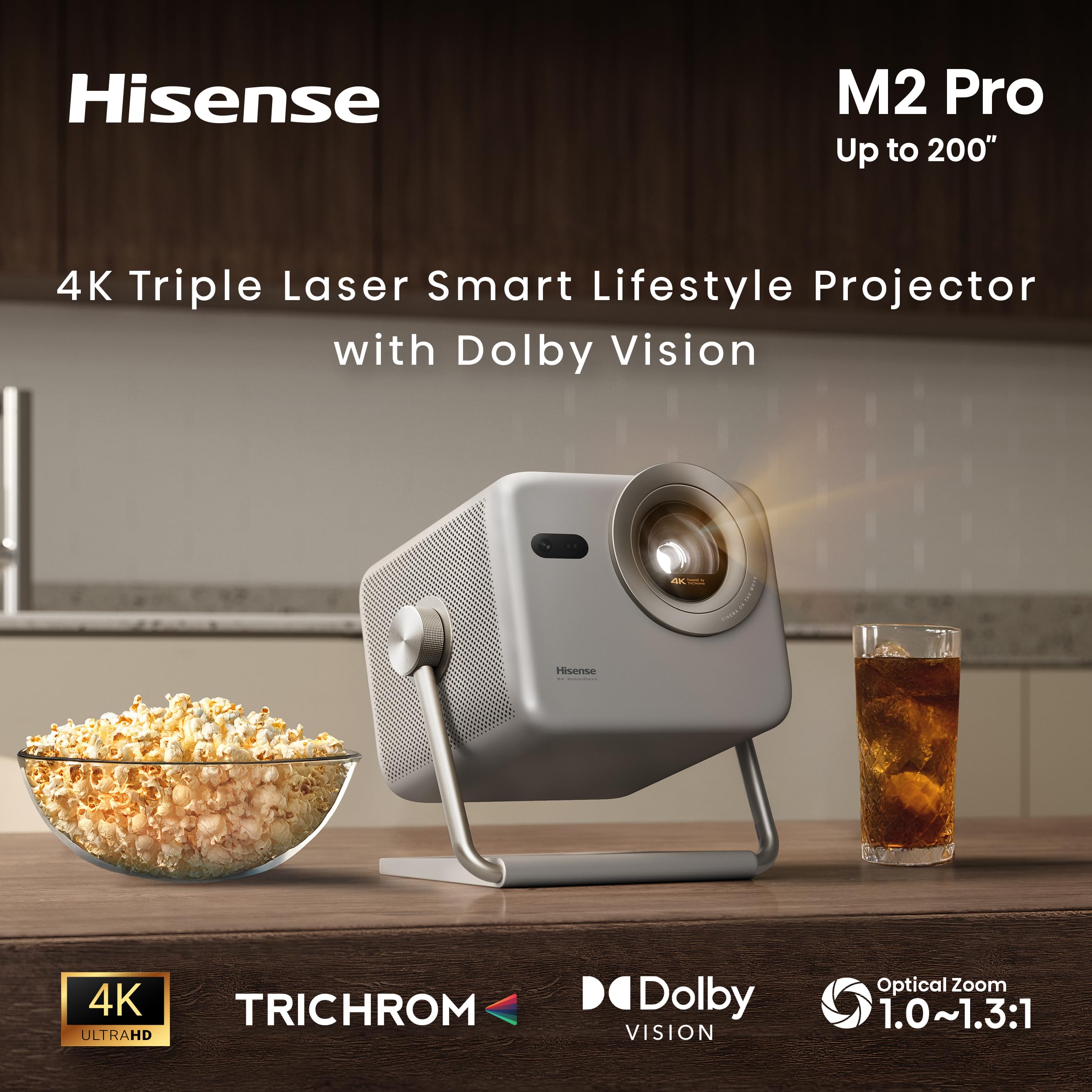 Hisense M2 Pro-4K UHD Smart VIDAA Proyector con tamaño de proyección de 65 a 200 Pulgadas, láser de Triple Color, AI 4K Upscaler, 1300 lúmenes, 3D Ready y DTS Virtual: X