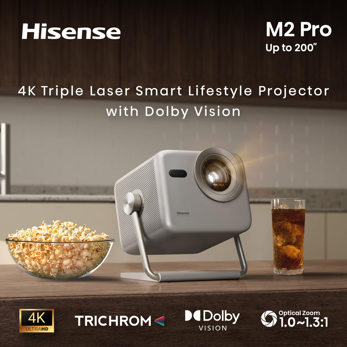 Hisense M2 Pro-4K UHD Smart VIDAA Proyector con tamaño de proyección de 65 a 200 Pulgadas, láser de Triple Color, AI 4K Upscaler, 1300 lúmenes, 3D Ready y DTS Virtual: X