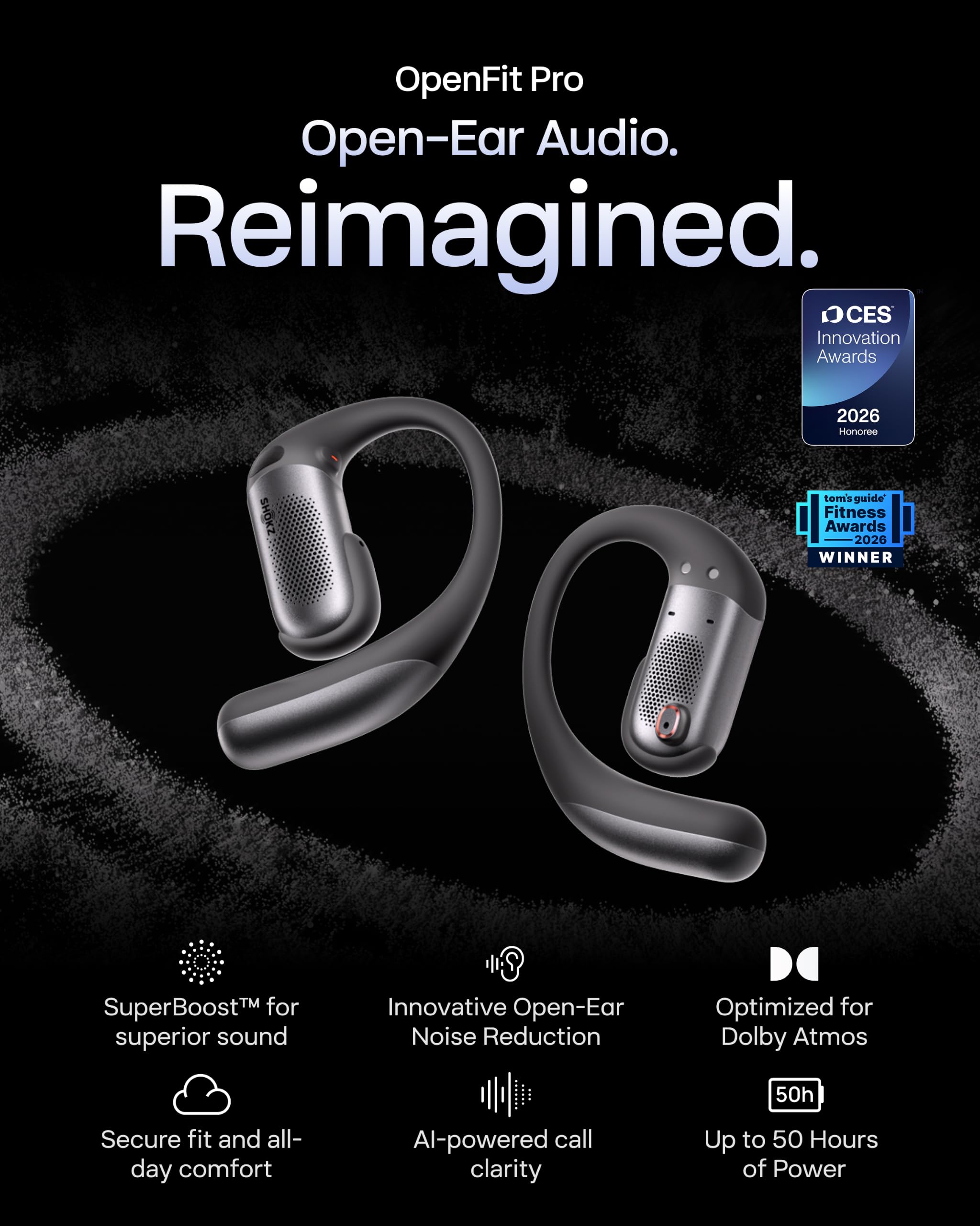 SHOKZ New OpenFit Pro Open-Ear Headphones, Dolby Atmos Comfortable Earbuds 50H Playtime, IP55 Water-Resistant, Exquisite Microphone Noise Reduction, USB-C Fast Charging, Wireless Charging, Black