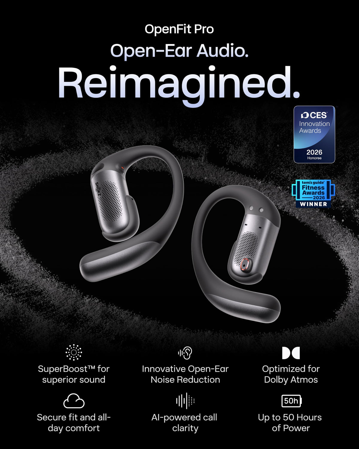SHOKZ New OpenFit Pro Open-Ear Headphones, Dolby Atmos Comfortable Earbuds 50H Playtime, IP55 Water-Resistant, Exquisite Microphone Noise Reduction, USB-C Fast Charging, Wireless Charging, Black