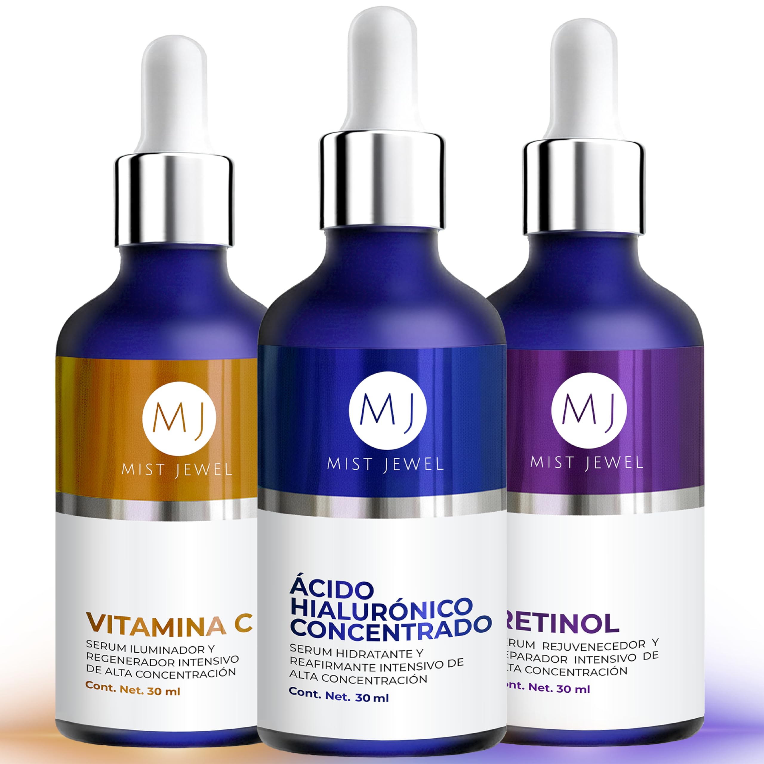 MIST JEWEL Kit de Skincare con 3 Serums Faciales: Vitamina C, Retinol y Ácido Hialurónico + Vitamina E | Rutina de sueros faciales Antiedad, Hidratante, Iluminadora Día y noche (KIT facial complete)