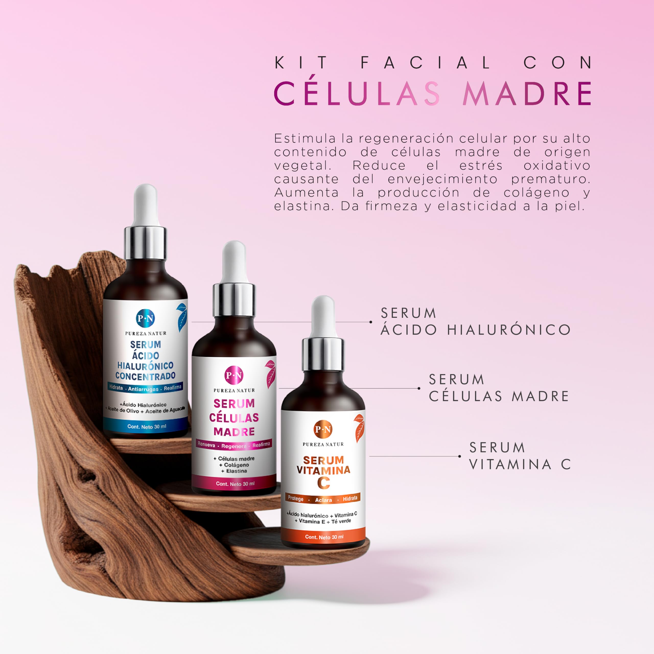 Kit Serum facial Acido Hialurónico, Vitamina C y Células Madre anti edad | Paquete completo de serum para el cuidado de la piel, hidratación y rejuvenecimiento (Kit AH + Celulas madre + Vit C)