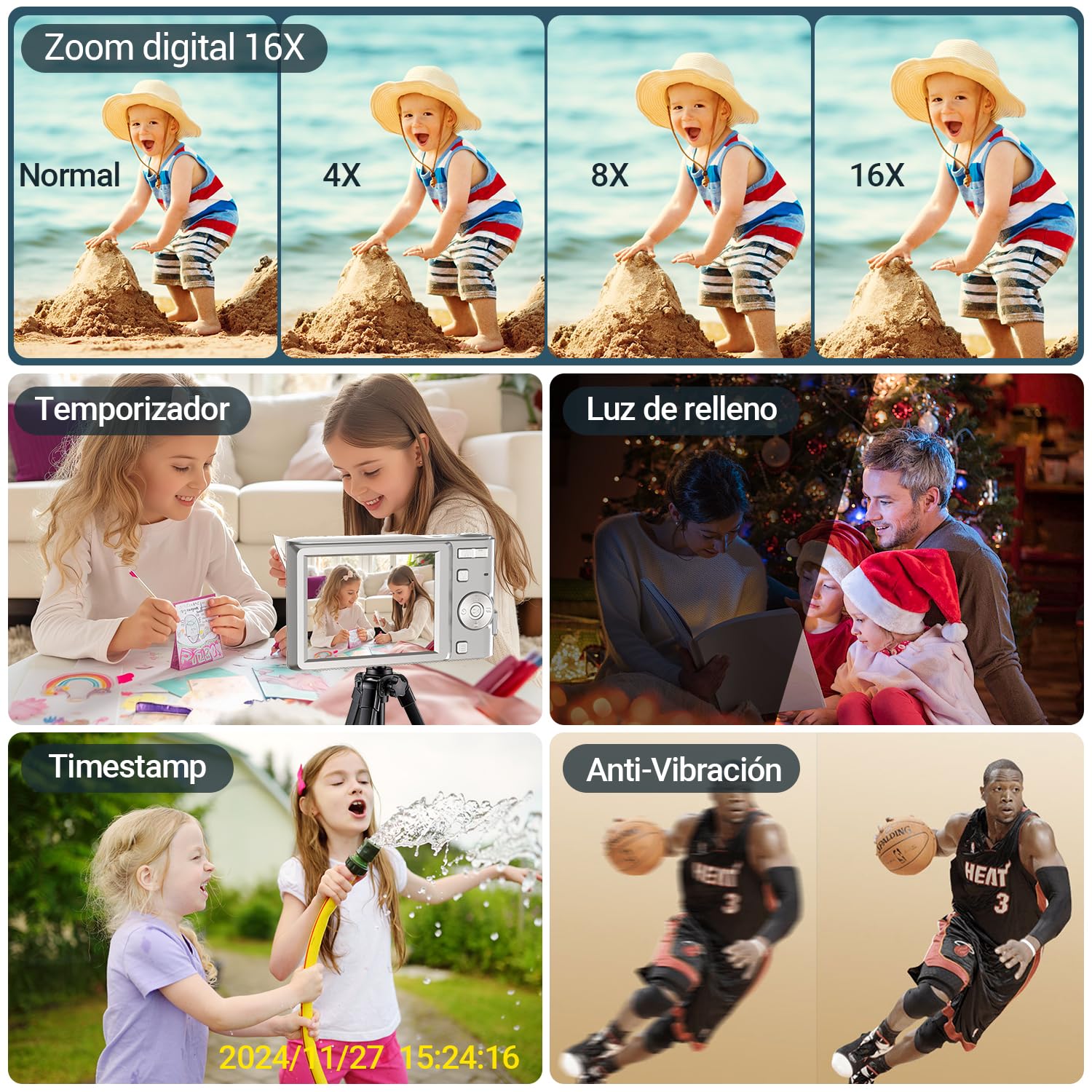 vantisan Cámara Digital, HD 1080P 50MP Vlogging, Cámara de Video con Tarjeta 32GB, Enfoque Automático con Zoom 16X, Disparo Continuo, Pantalla IPS de 2.4'', Mini Camara para Niños y Niñas