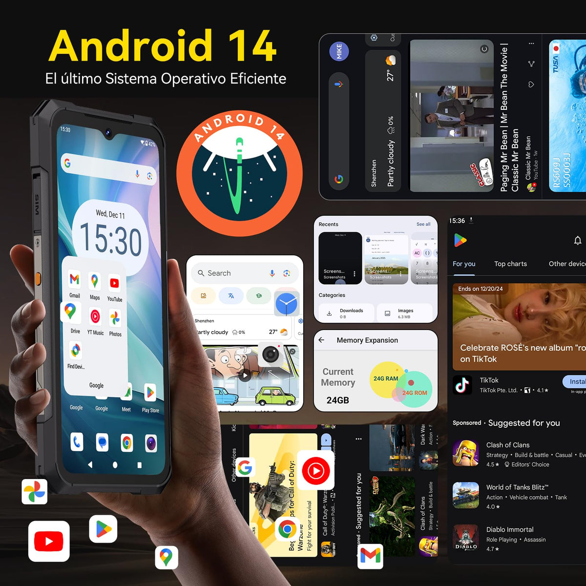 CUBOT Celular KingkongX Pro, 5G Rugged Smartphone Android 14, 24GB(12+12) RAM 256GB ROM,10200mAh 6.72" HD+ Pantalla Phone,IP68/144Hz/NFC/Huella Dactilar/Face ID