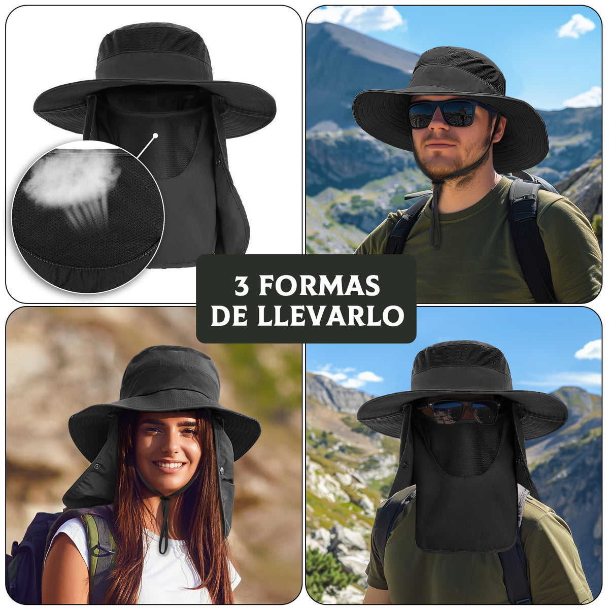 Sombrero de Pesca Protección UV, UPF50+ Sombrero para el Sol para Hombre y Mujer, Gorro Pescador con Cortinas para Cara y Cuello, Plegable y Impermeable, para Senderismo Camping Playa Jardín,Unisex