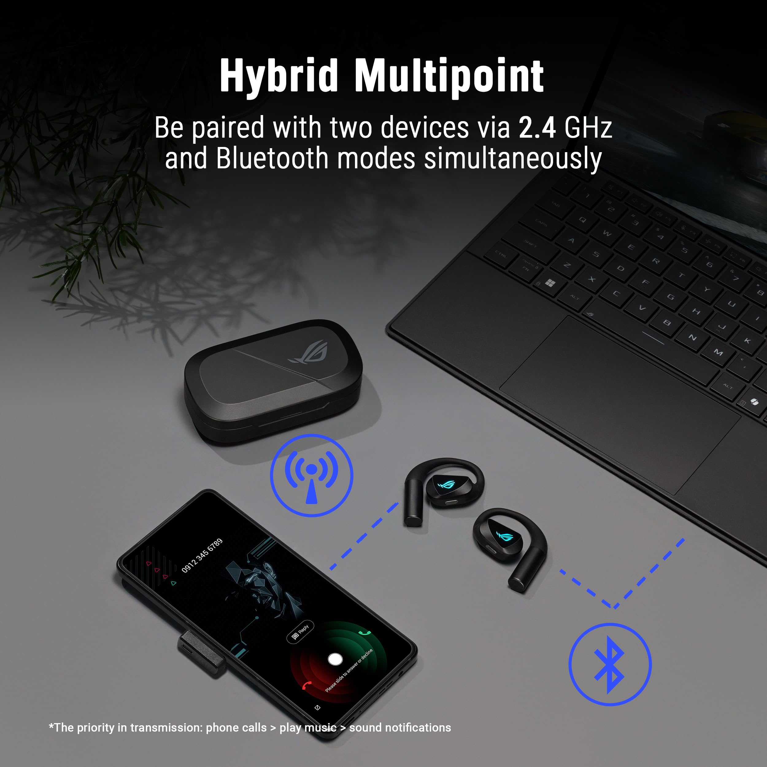 ASUS ROG Cetra - Auriculares Abiertos inalámbricos Abiertos – Modo Dual (BT/2,4 GHz), micrófono con cancelación de Ruido de IA cuádruple, Baja latencia, Tiempo de reproducción de 16 Horas, IPX5