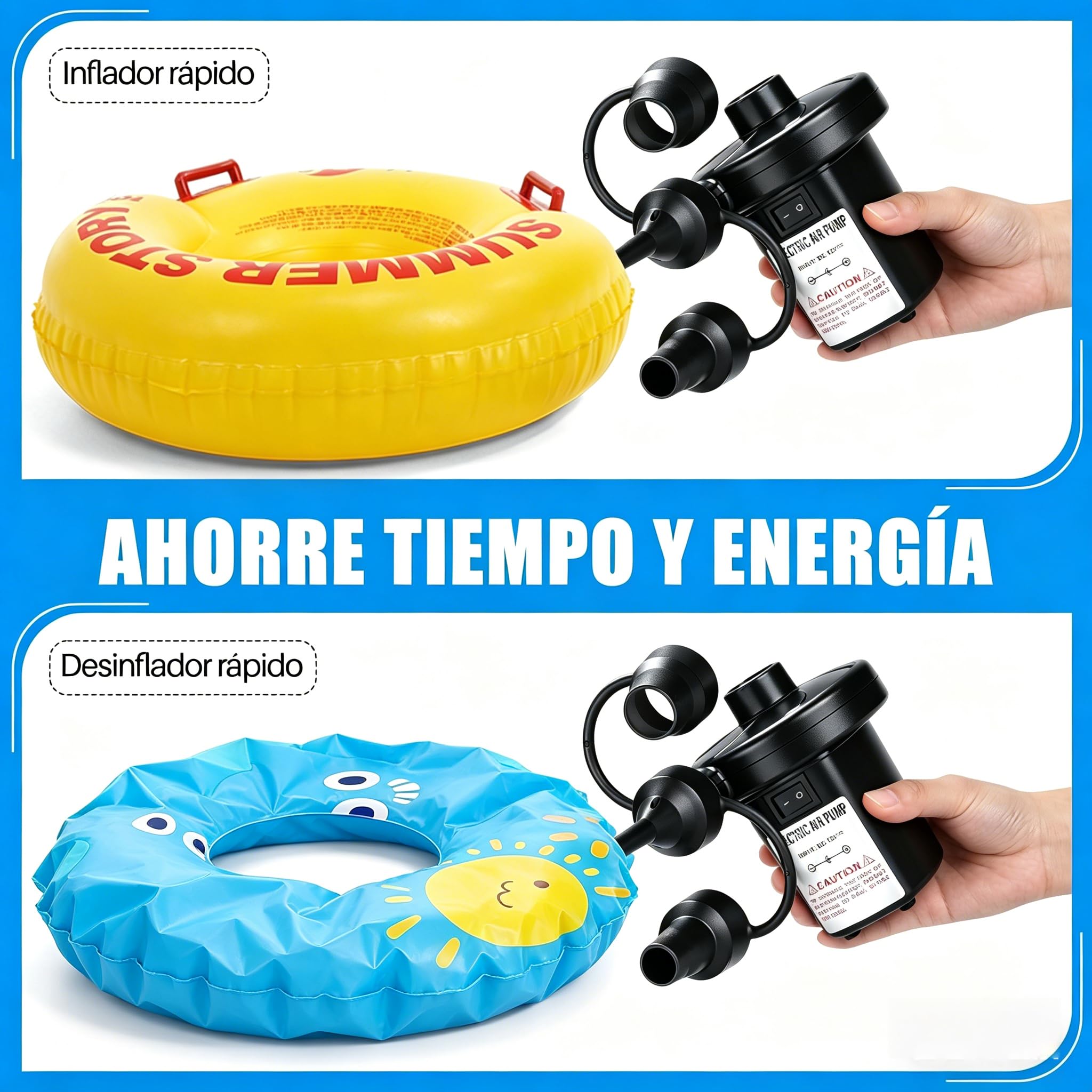 AXIDUN Bomba de Aire Eléctrica, Bomba de Aire Portátil de Llenado Rápido con 3 Boquillas, para Bolsas al Vacío, Colchón Hinchable, Juguetes Hinchable, Viaje a Familia,Camping
