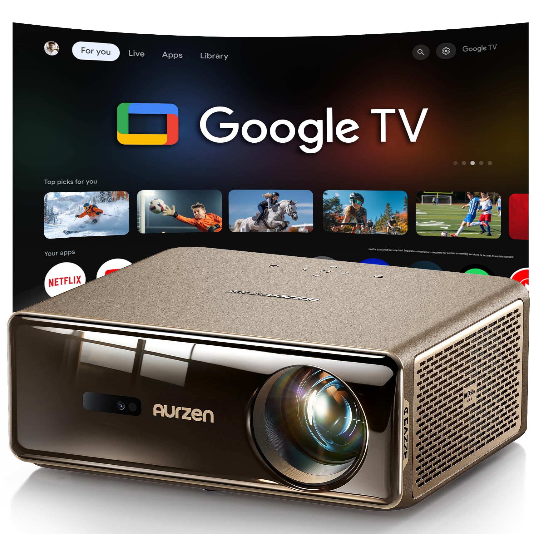 Aurzen EAZZE D1 MAX - Proyector inteligente de Google TV actualizado compatible con 4K, ultra brillante 1000 lúmenes ANSI, tecnología MEMC, totalmente automático, audio DoIby de 20 W, proyector de
