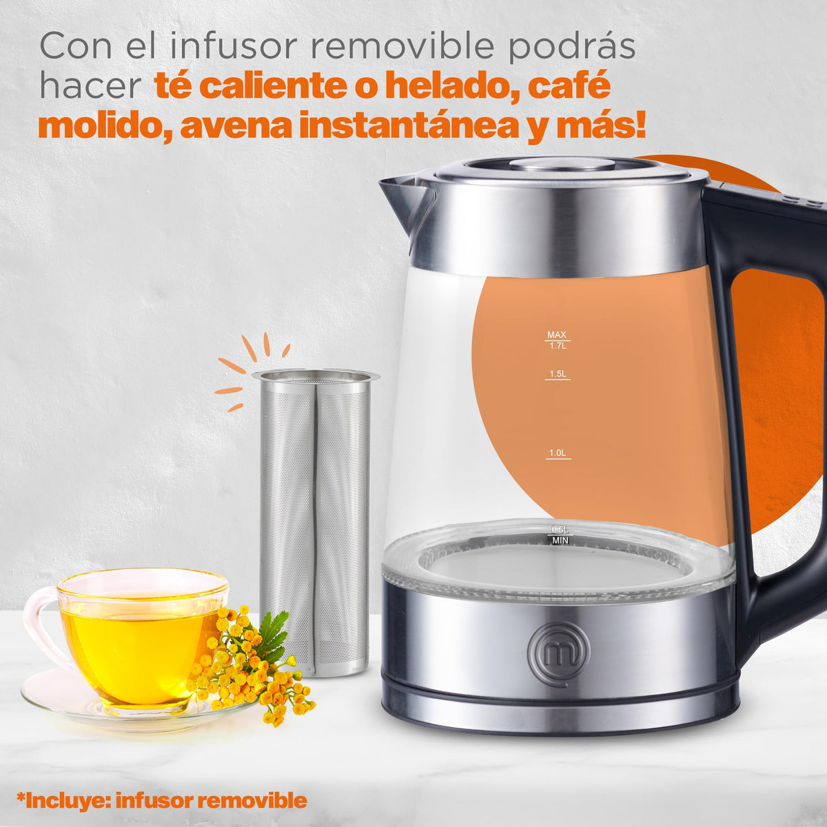 Hukën x MasterChef | Tetera Eléctrica Heat-Select | Temperatura Ajustable | Infusor Removible | Hervidor de Agua | Acero | Heat-Select | Panel Digital | Base Giratoria | 1.7 litros