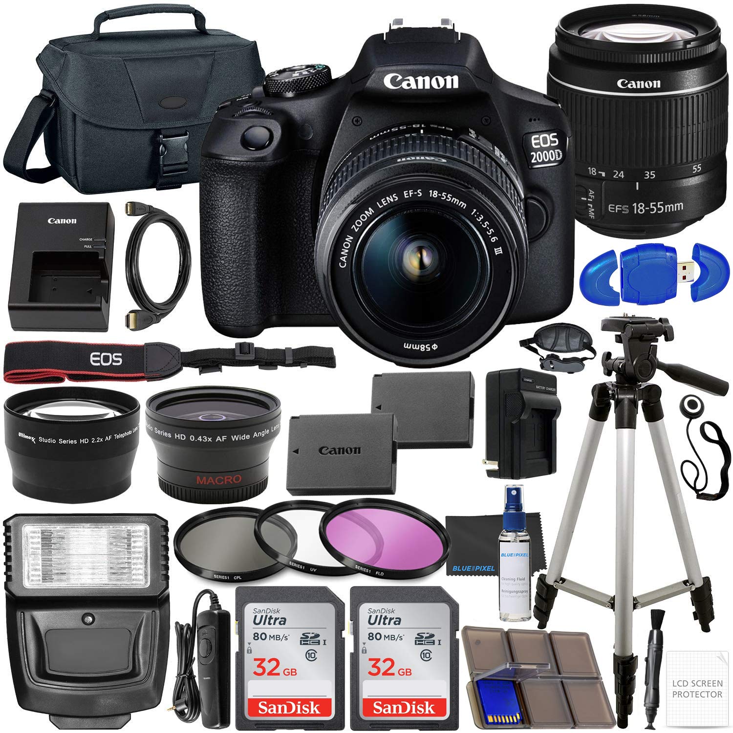 Canon EOS 2000D (Rebel T7) Cámara DSLR con EF-S 18-55 mm f/3.5-5.6 DC III Lente y paquete de accesorios – Incluye: 2 tarjetas de memoria SDHC de 32 GB, batería de larga duración, funda, filtros, lentes auxiliares y más