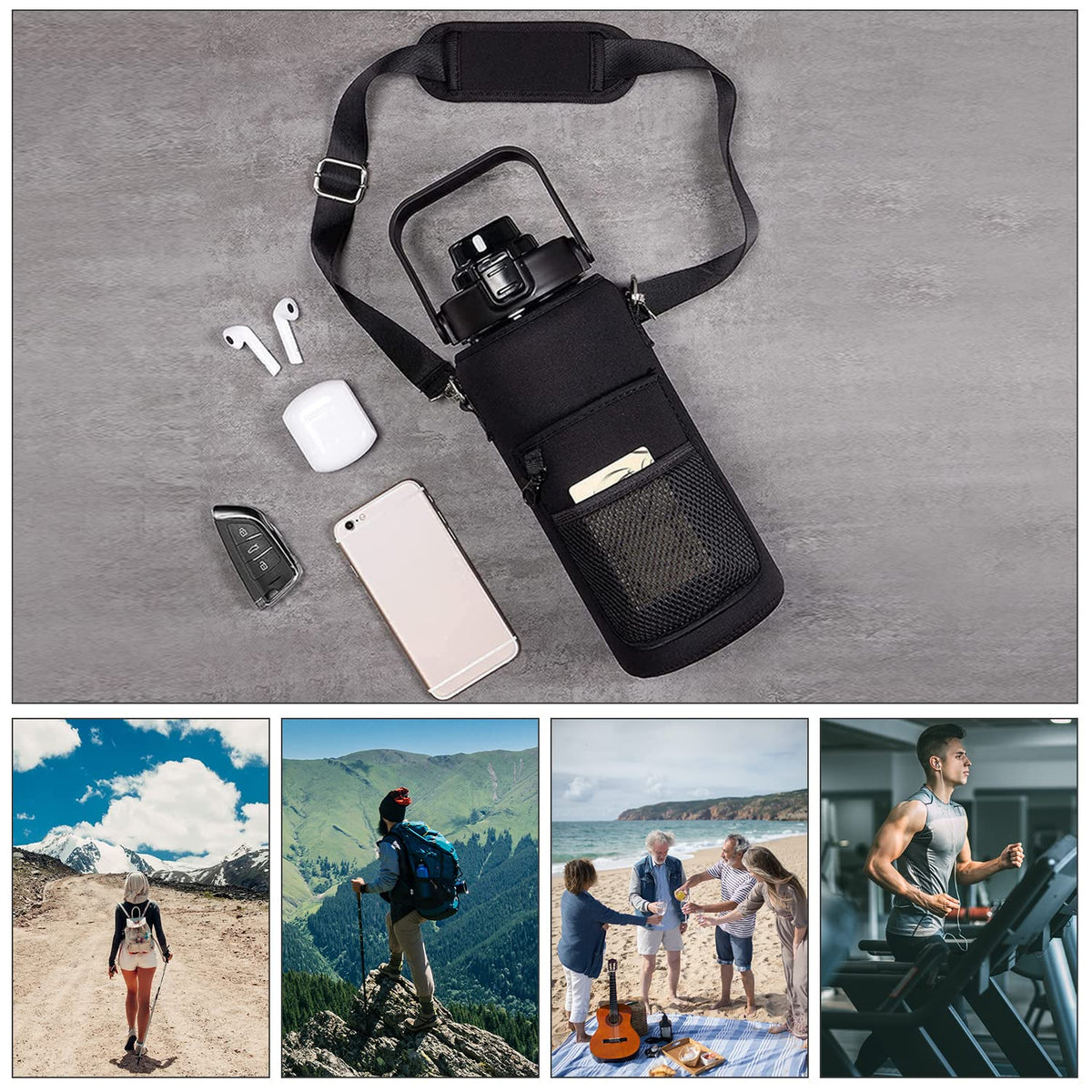 MOYAC Botella Agua con Funda Protectora, Botella de Agua 2 Litros con Pajita, Asa, Correa para el Hombro, Función de Apertura con un Botón, para Fitness, Viajes, Escuela, Oficina (Negro)