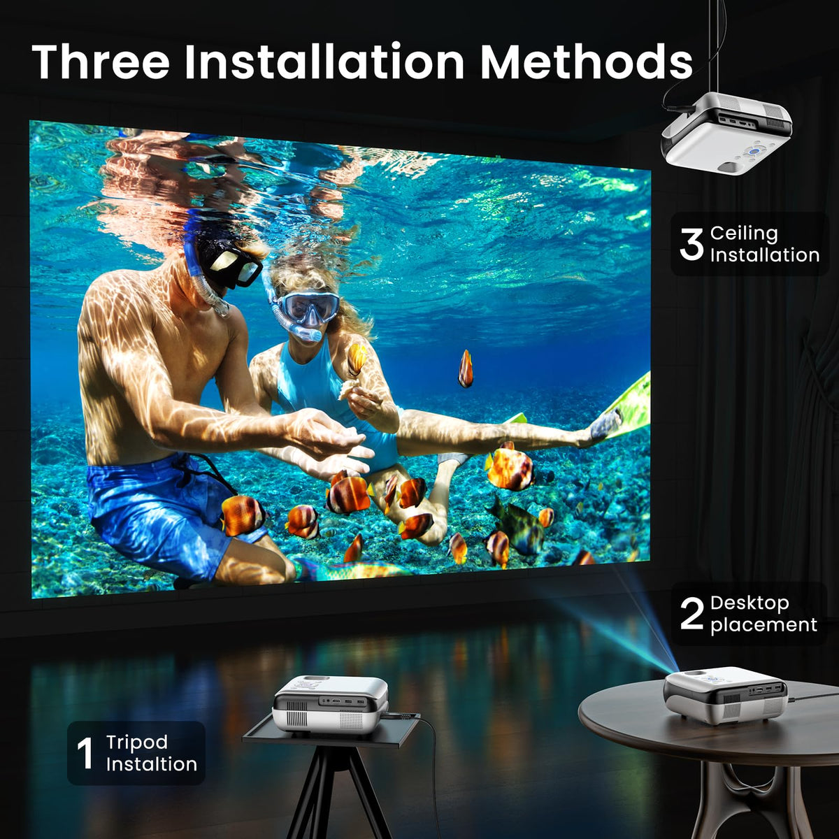 HAPPRUN Proyector, proyector Bluetooth Nativo 1080P, proyector de películas portátil para Exteriores de, Compatible con Smartphone, HDMI, USB, AV, Fire Stick, PS5