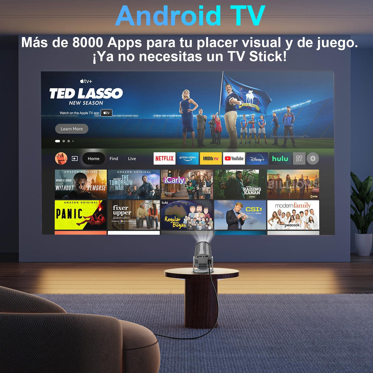Proyector 4k, Mini Proyector Portatil con Android, Proyectores Inteligente 200 ANSI con WiFi 6 y BT 5.4, Auto Keystone, Pantalla de 200", Giro de 270°, Compatible con HDMI/iOS/Phone/PC/PS【HY300 PRO】