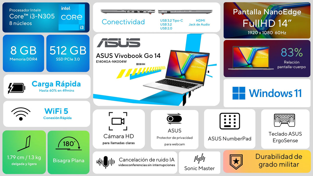 ASUS Laptop Vivobook Go 14 2024/E1404GA-NK004W/Core i3 12va/8GB RAM/512GB SSD/Pantalla 14" Full-HD/Resistencia Grado Militar/Number Pad/Teclado en Español (Garantía y Servicio en México)